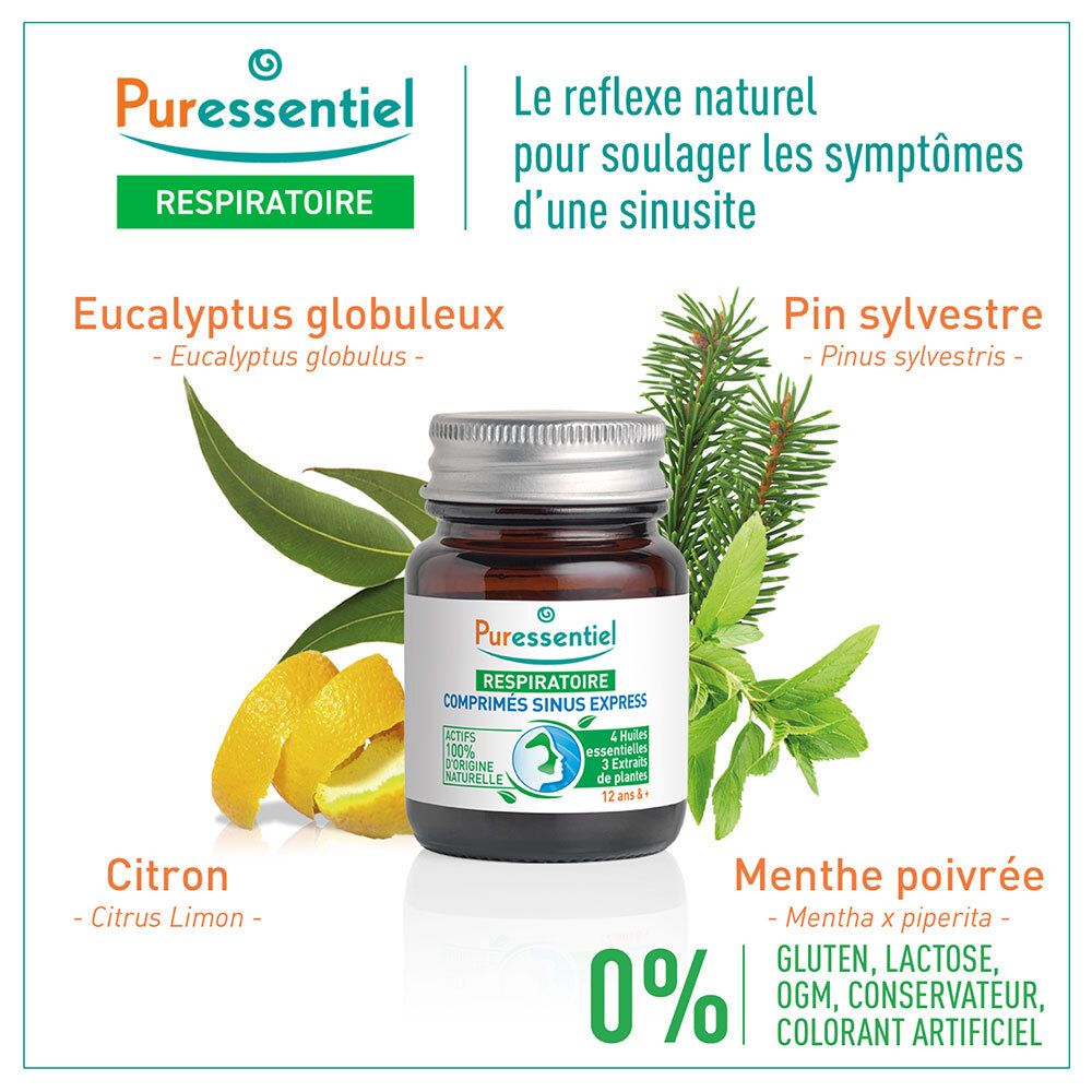 Flacon en verre brun. Inscription: Puressentiel, RESPIRATOIRE, COMPRIMÉS SINUS EXPRESS. 12+ ans. Illustrations d'herbes.
