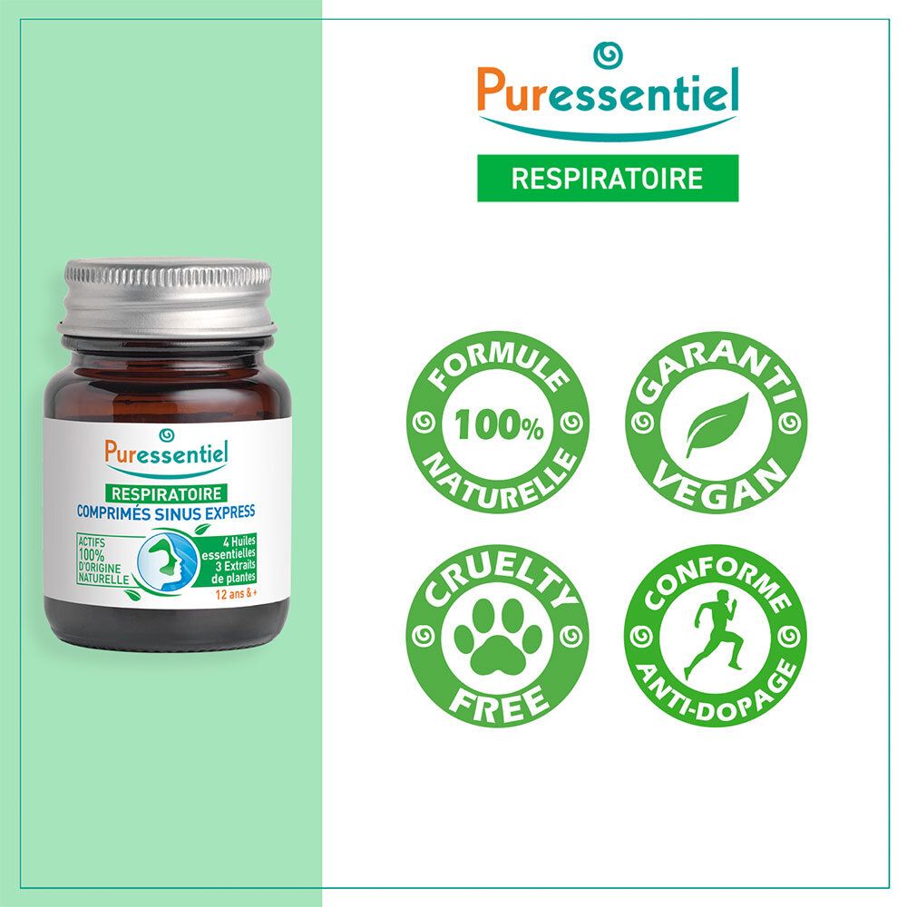 Flacon en verre brun. Inscription: Puressentiel, RESPIRATOIRE, COMPRIMÉS SINUS EXPRESS. Vegan, Cruelty Free.