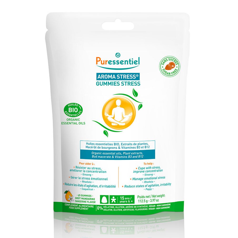 Sachet de Puressentiel AROMA STRESS® Gummies Stress. Sachet blanc avec accents verts et oranges. Contient 60 gummies.