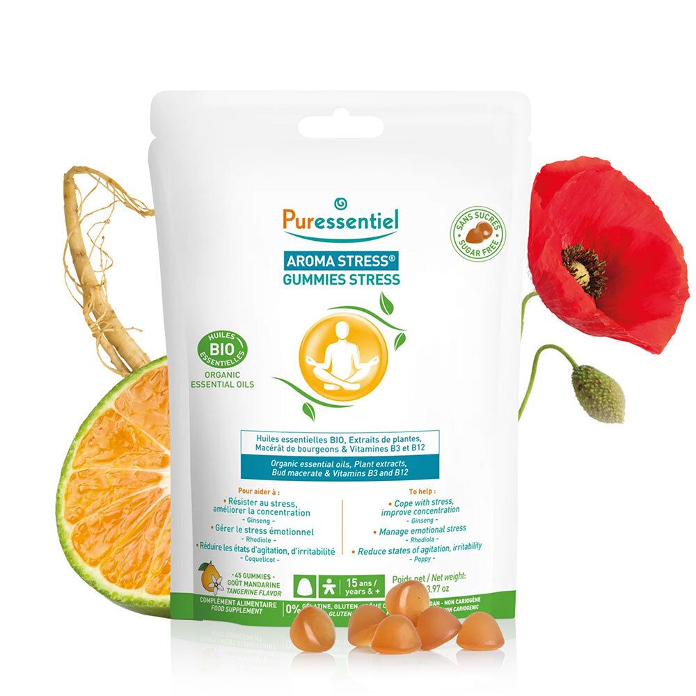 Emballage du produit Puressentiel AROMA STRESS® Gummies Stress. Complété par du gingembre, une orange et un coquelicot. Contient des gummies.