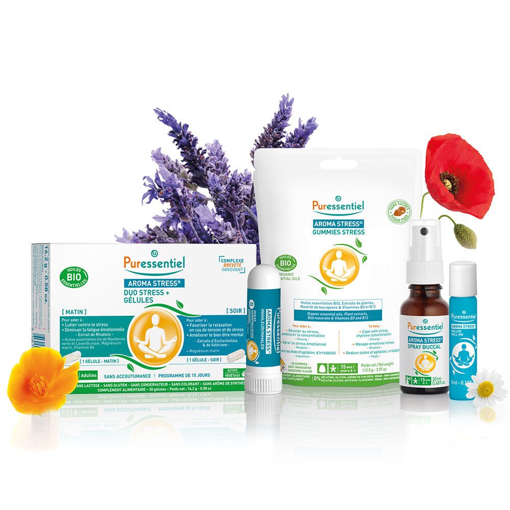 Différents produits Puressentiel. Dont AROMA STRESS® Gummies Stress et d'autres produits. Avec de la lavande et du coquelicot.