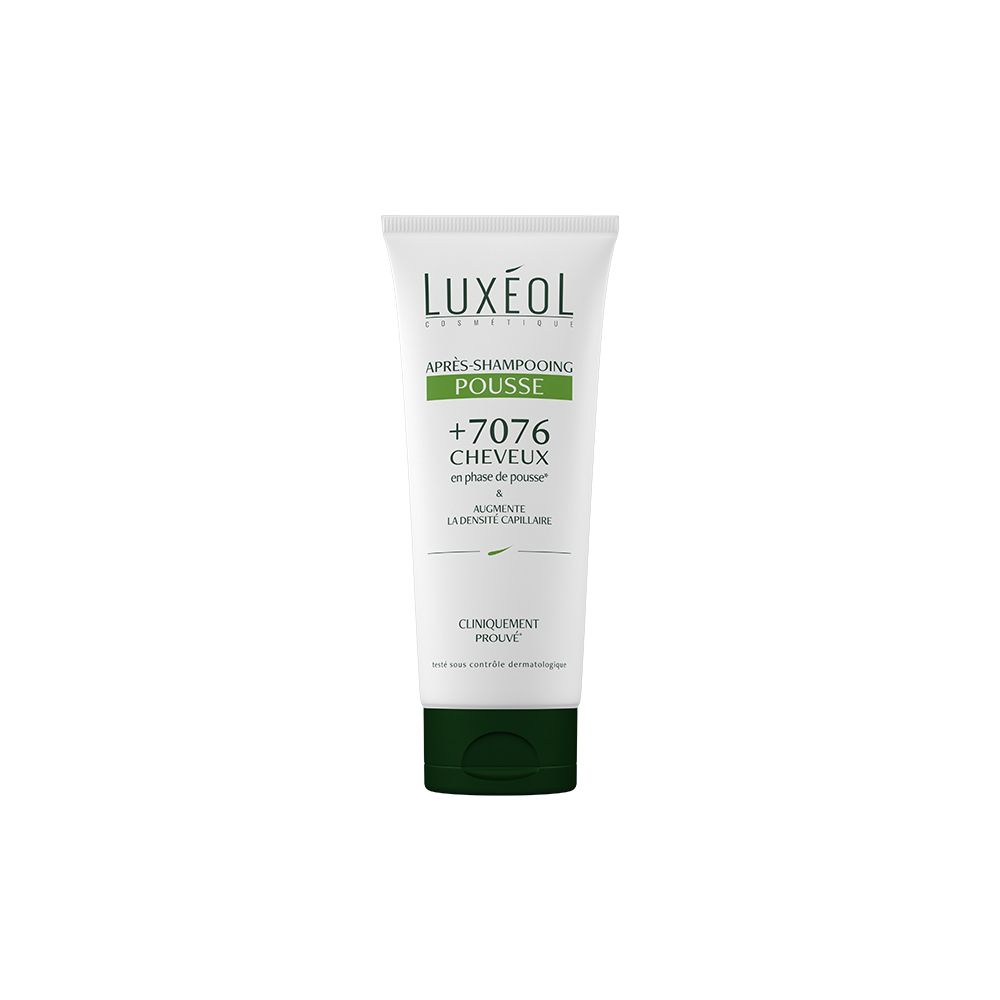 Tube blanc et vert. Inscription: LUXÉOL, Après-Shampooing Pousse, +7076 Cheveux, Cliniquement Prouvé.