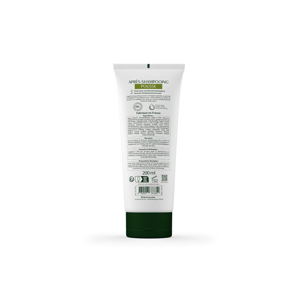 Dos d'un tube blanc et vert. Texte et logos. Volume: 200 ml. Fabriqué en France.