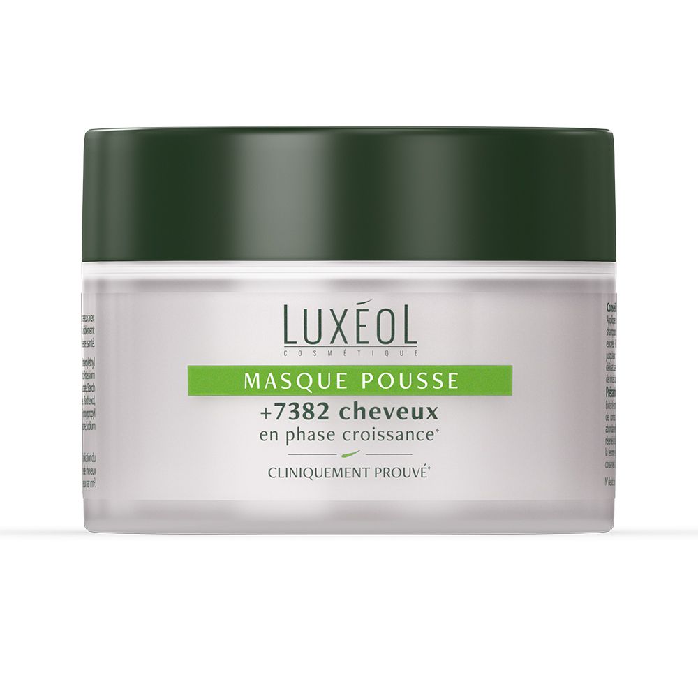 Pot de crème avec couvercle vert. Inscription: Luxéol Masque Pousse, +7382 cheveux en phase croissance, Cliniquement prouvé.