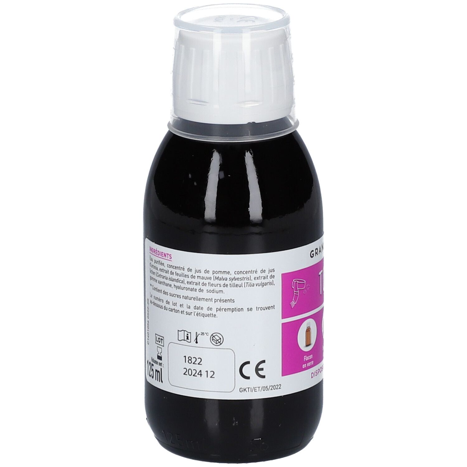 Bouteille de liquide avec bouchon blanc. Étiquette avec ingrédients et marquage CE. 125 ml.
