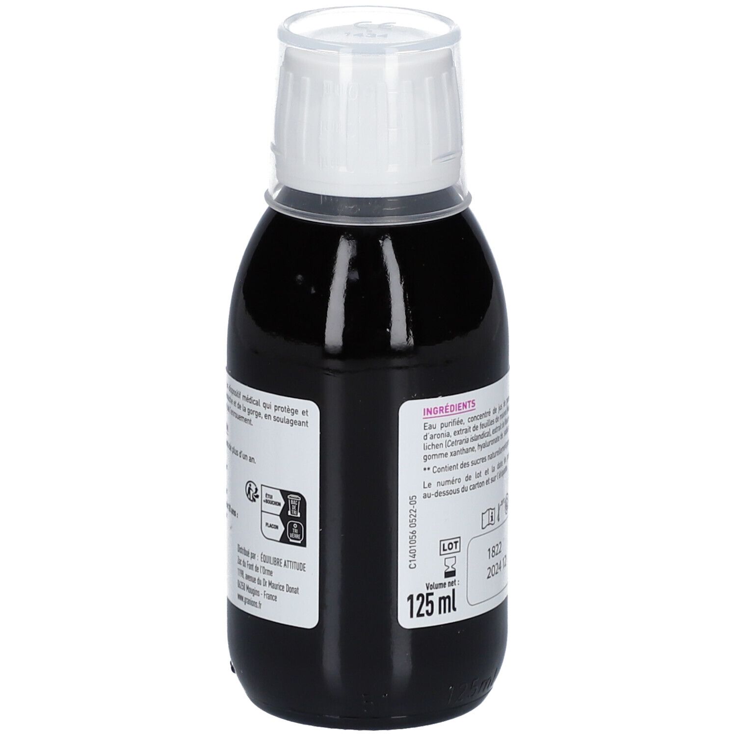 Bouteille de liquide avec bouchon blanc. Étiquette avec informations. 125 ml. Marquage CE.