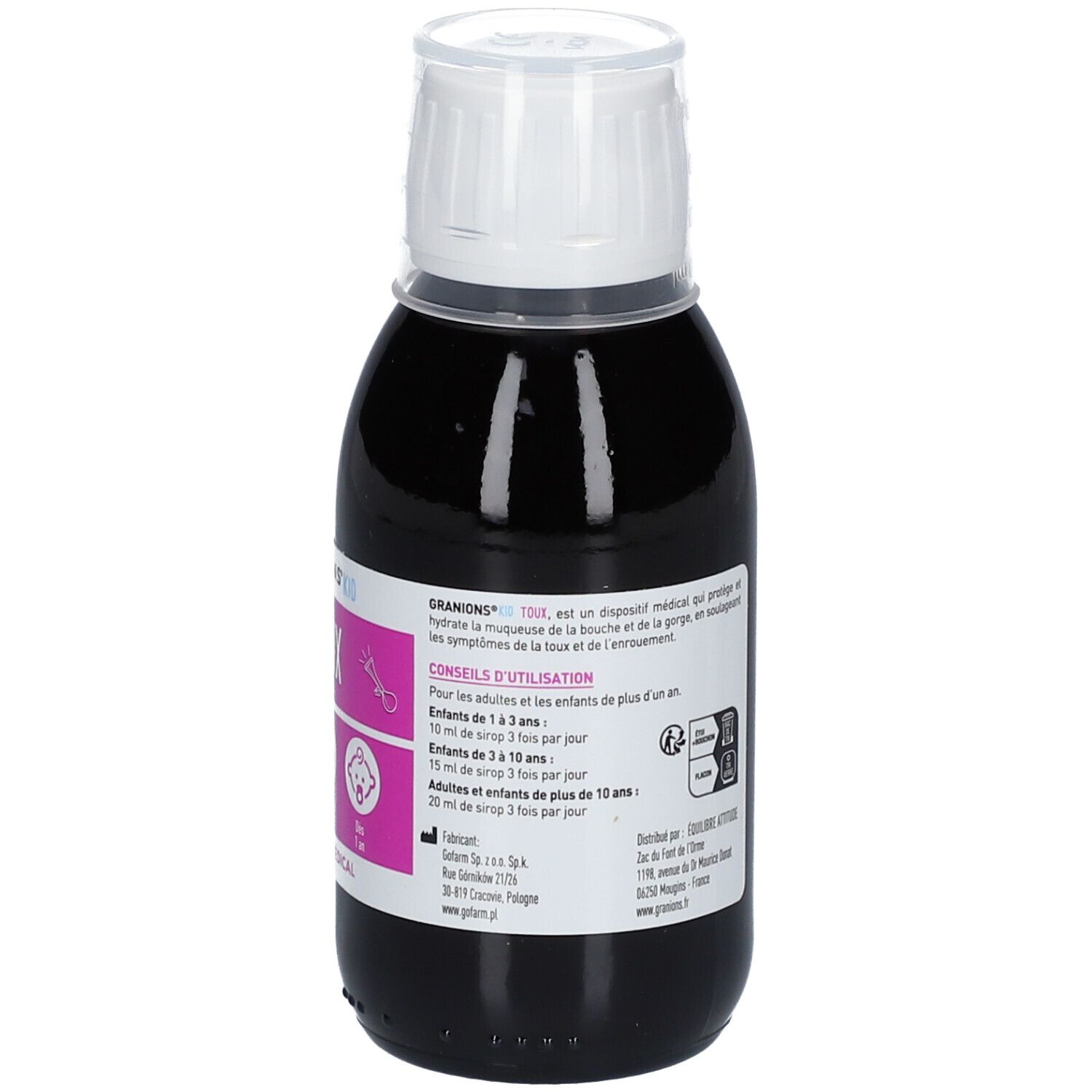 Bouteille de liquide avec bouchon blanc. Étiquette avec conseils d'utilisation. Dispositif médical.