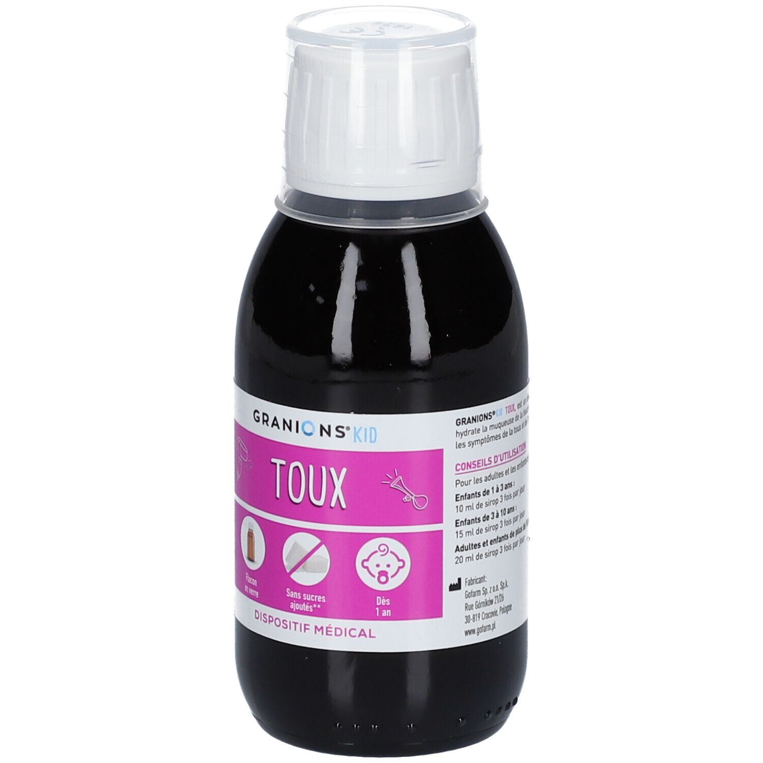 Bouteille de liquide avec bouchon blanc. Étiquette avec nom et informations du produit. Dispositif médical.