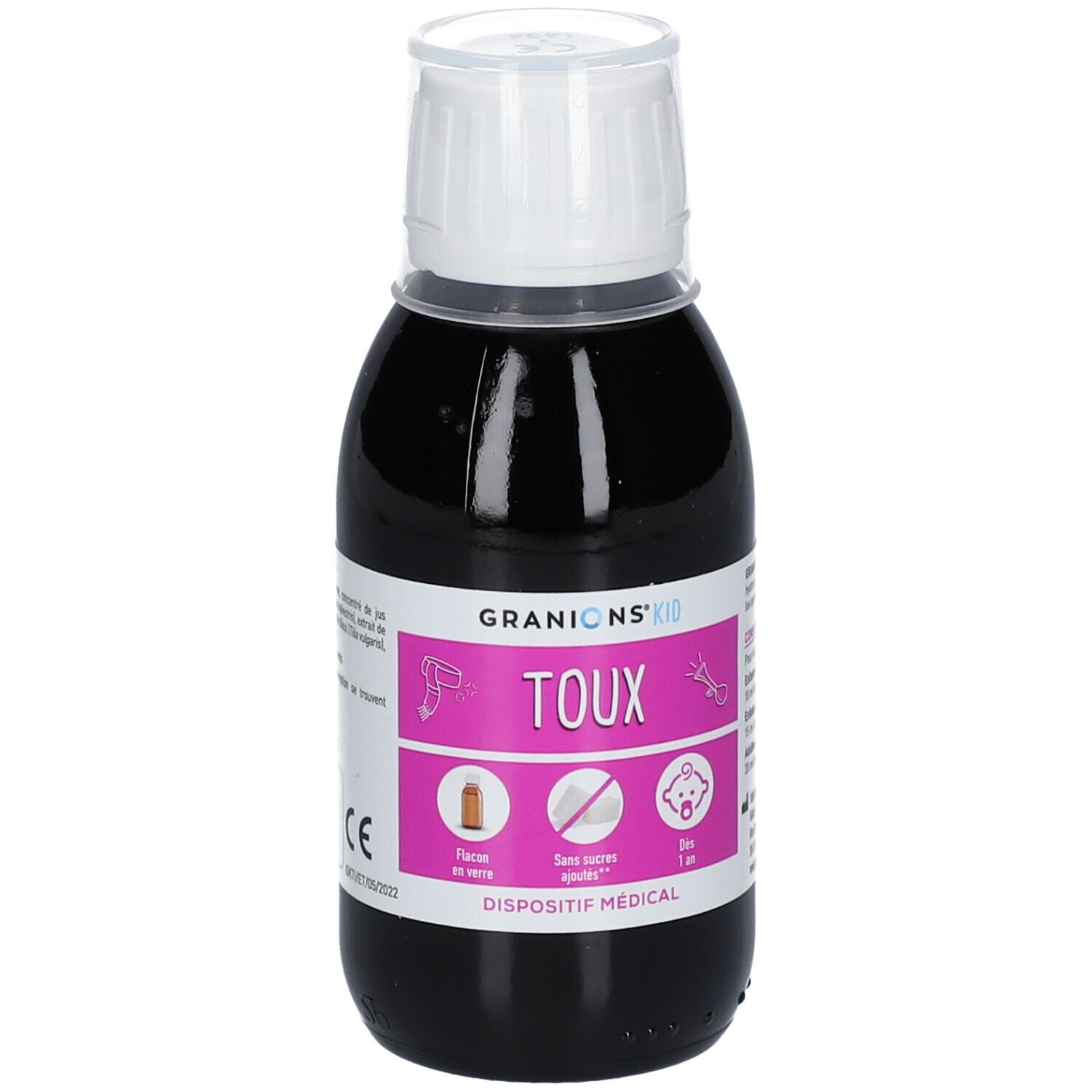 Bouteille de liquide avec bouchon blanc. Étiquette avec nom et informations du produit. Dispositif médical.