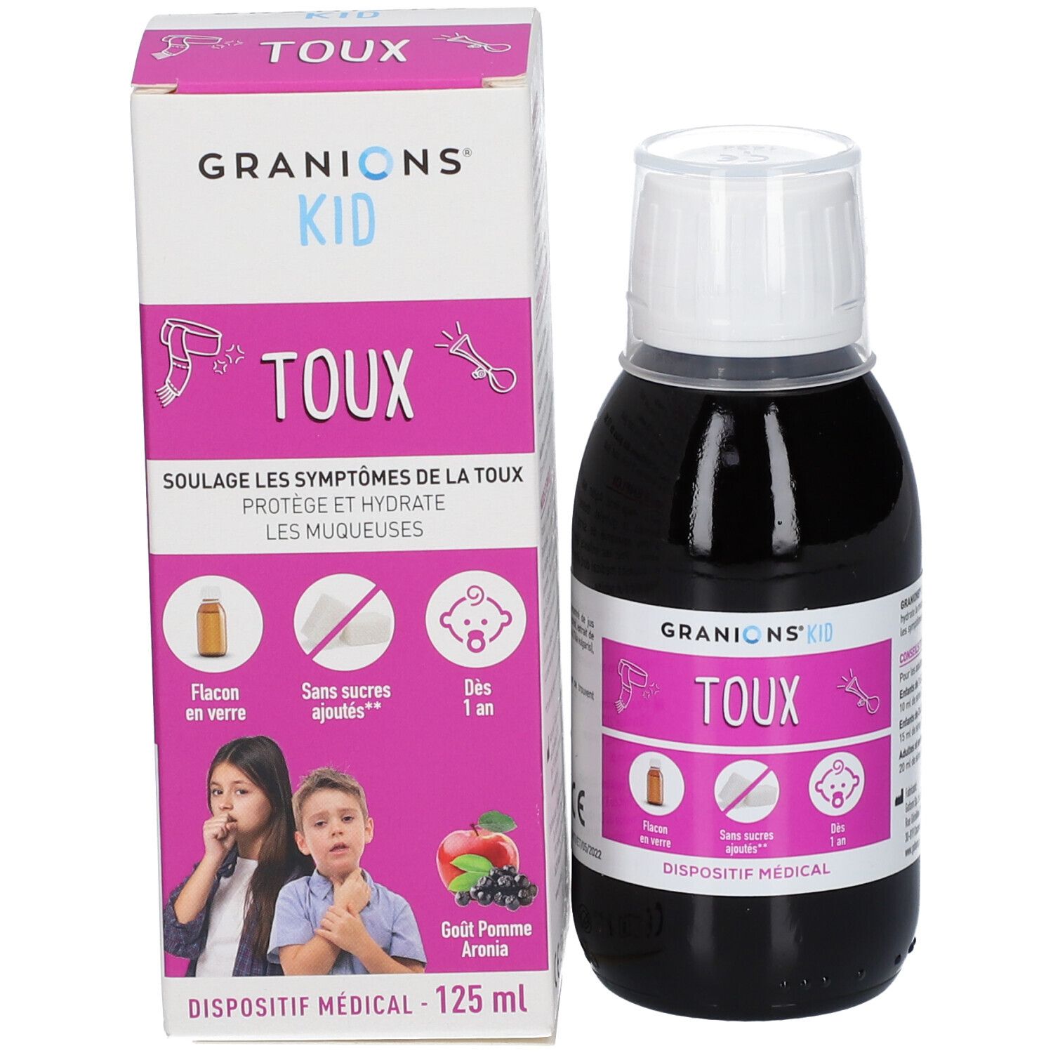Flacon et boîte du produit. Sur la boîte : nom du produit, illustrations, 125 ml. Dispositif médical.
