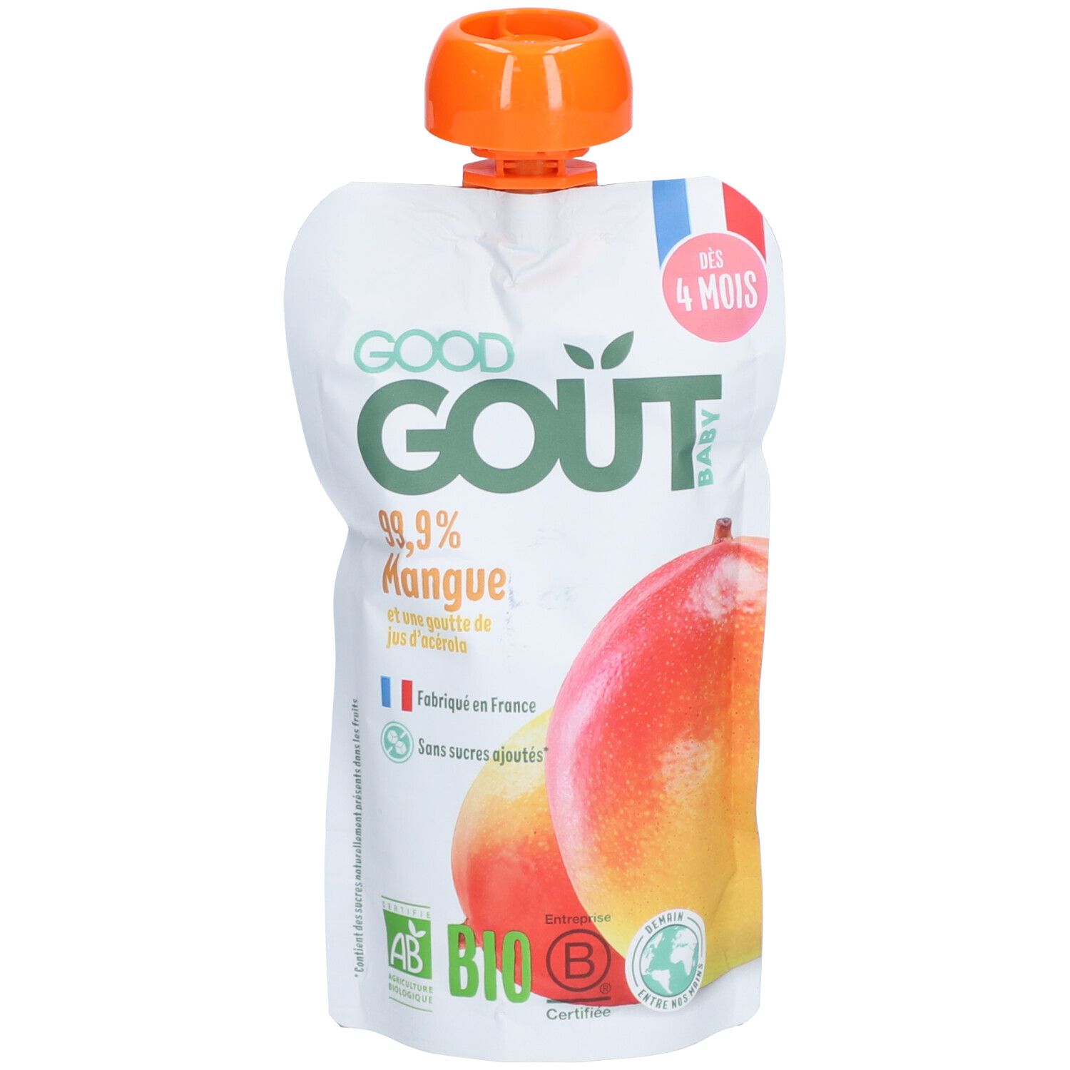 Good Goût Baby Mangue, poche. Emballage blanc avec illustration de mangue. Bouchon orange. Texte: 99,9% Mangue, dès 4 mois.