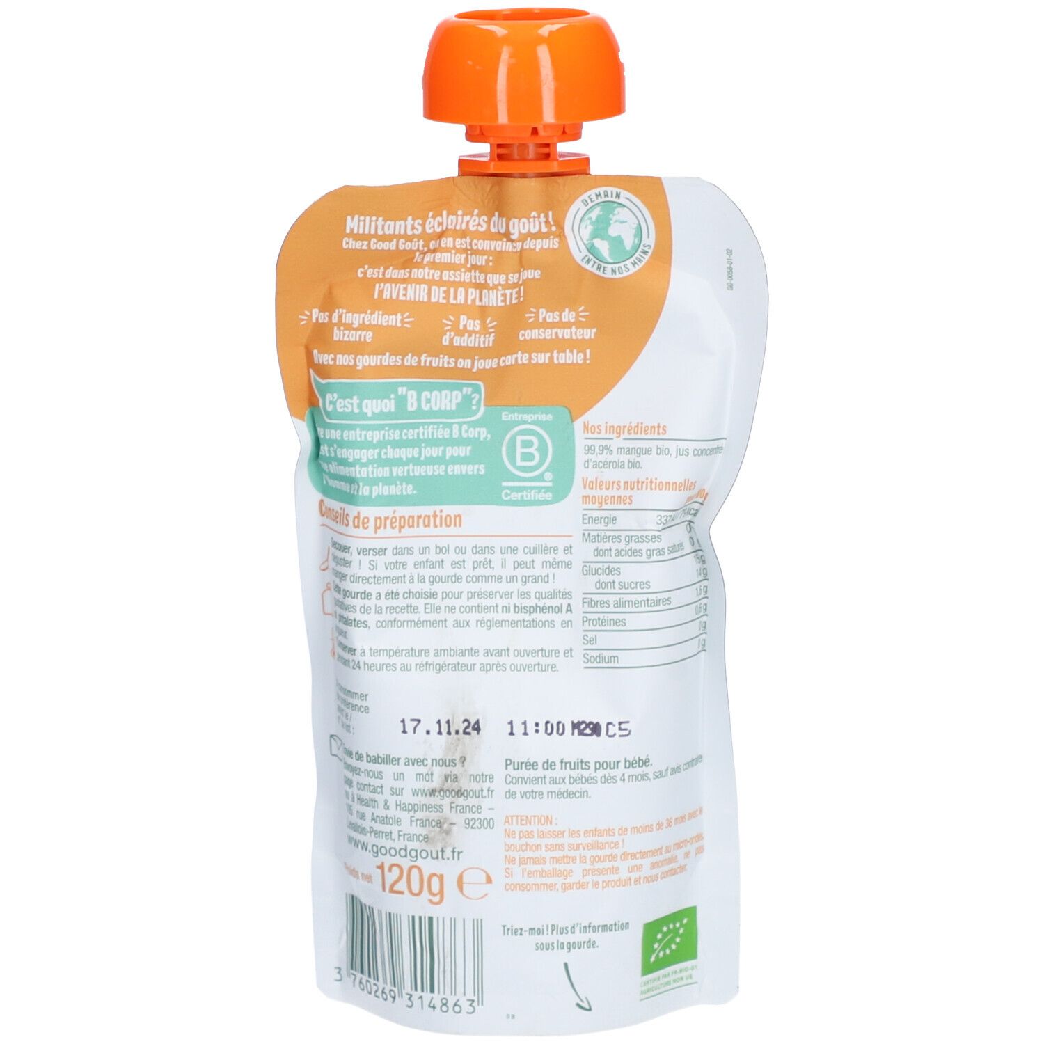 Dos de la poche Good Goût Baby Mangue. Texte et informations nutritionnelles. Bouchon orange. Certification bio.