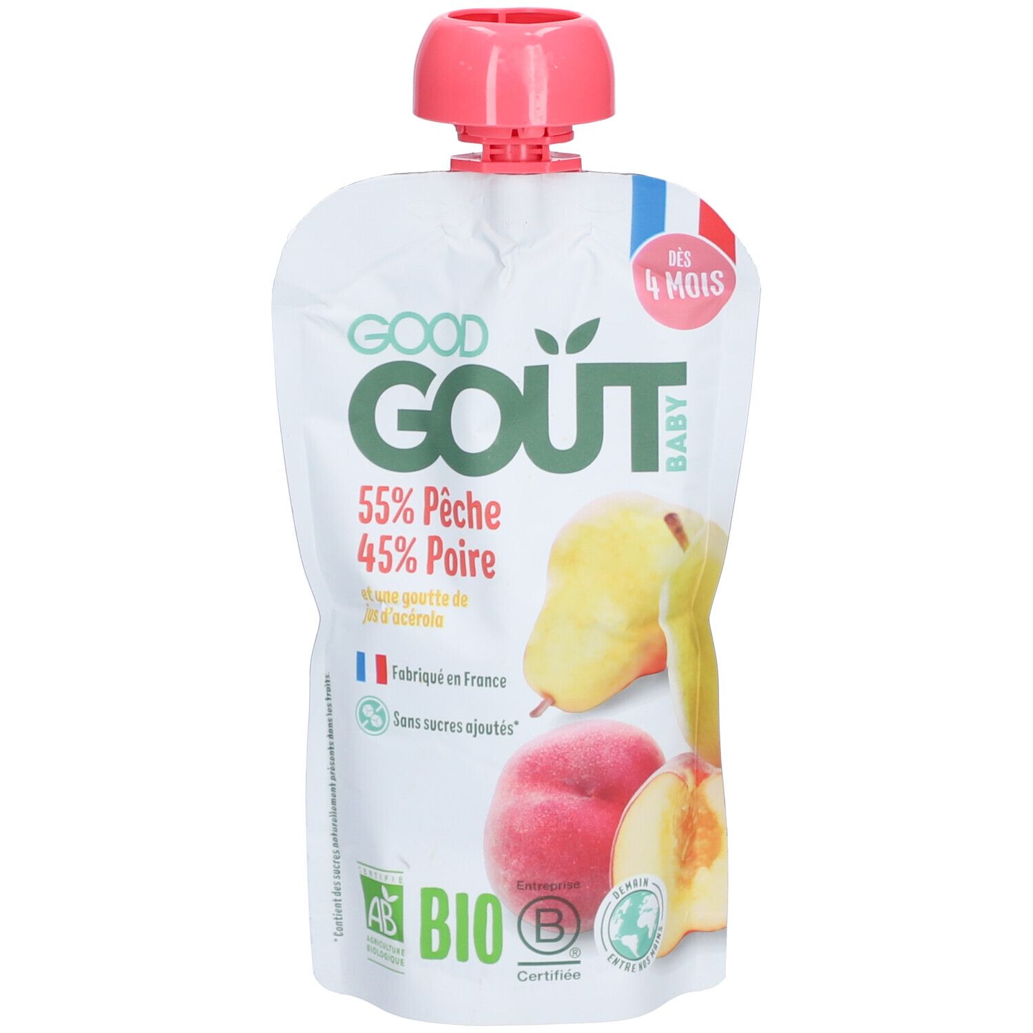 Good Goût Baby, gourde de purée Pêche-Poire. Ingrédients bio. Dès 4 mois.