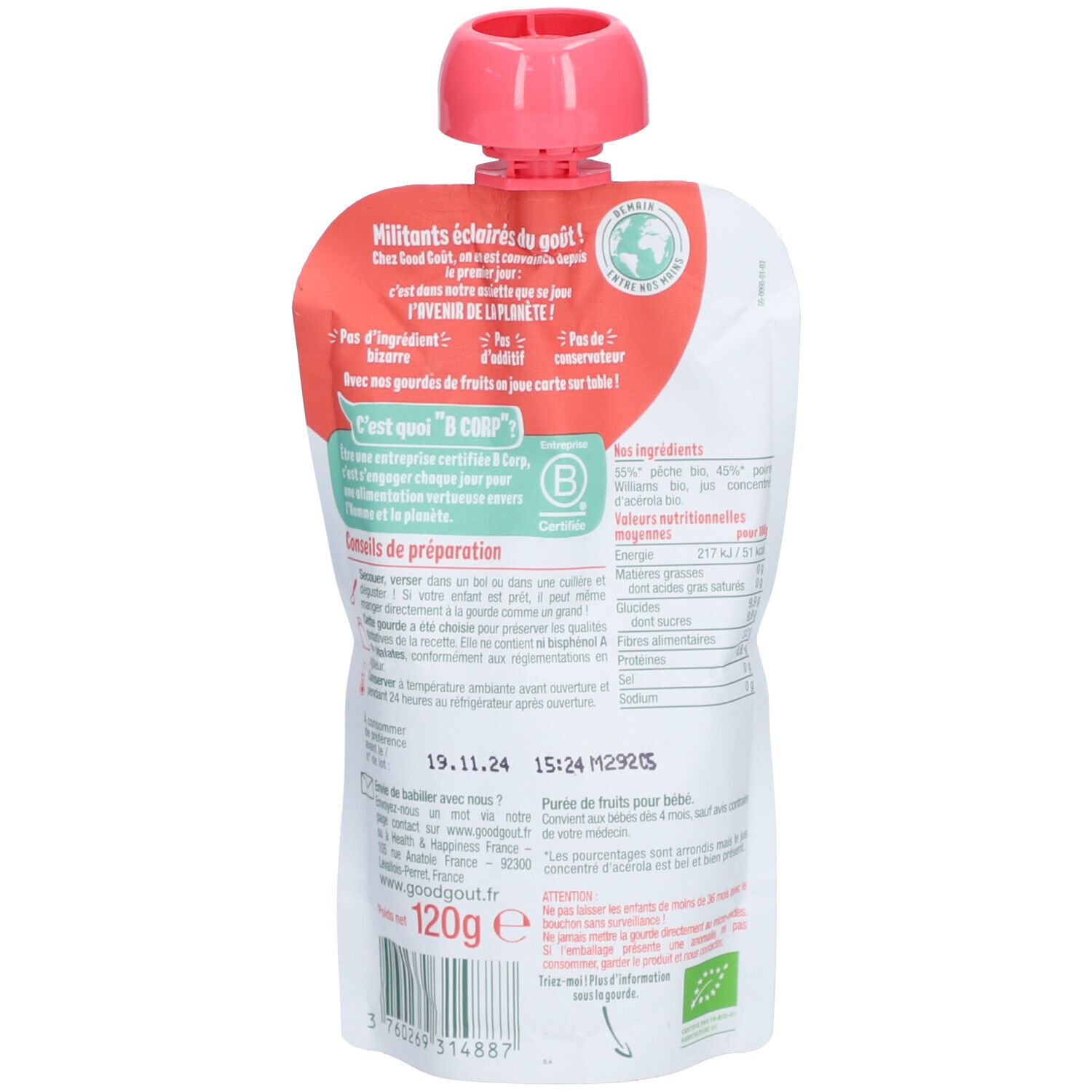 Dos de la gourde Good Goût Baby. Informations sur ingrédients, valeurs nutritionnelles et préparation.