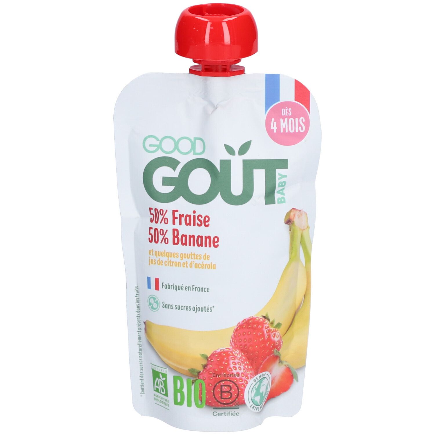 Sachet Good Gout, 50% Fraise, 50% Banane. Bouchon rouge. Ingrédients et certification bio visibles.