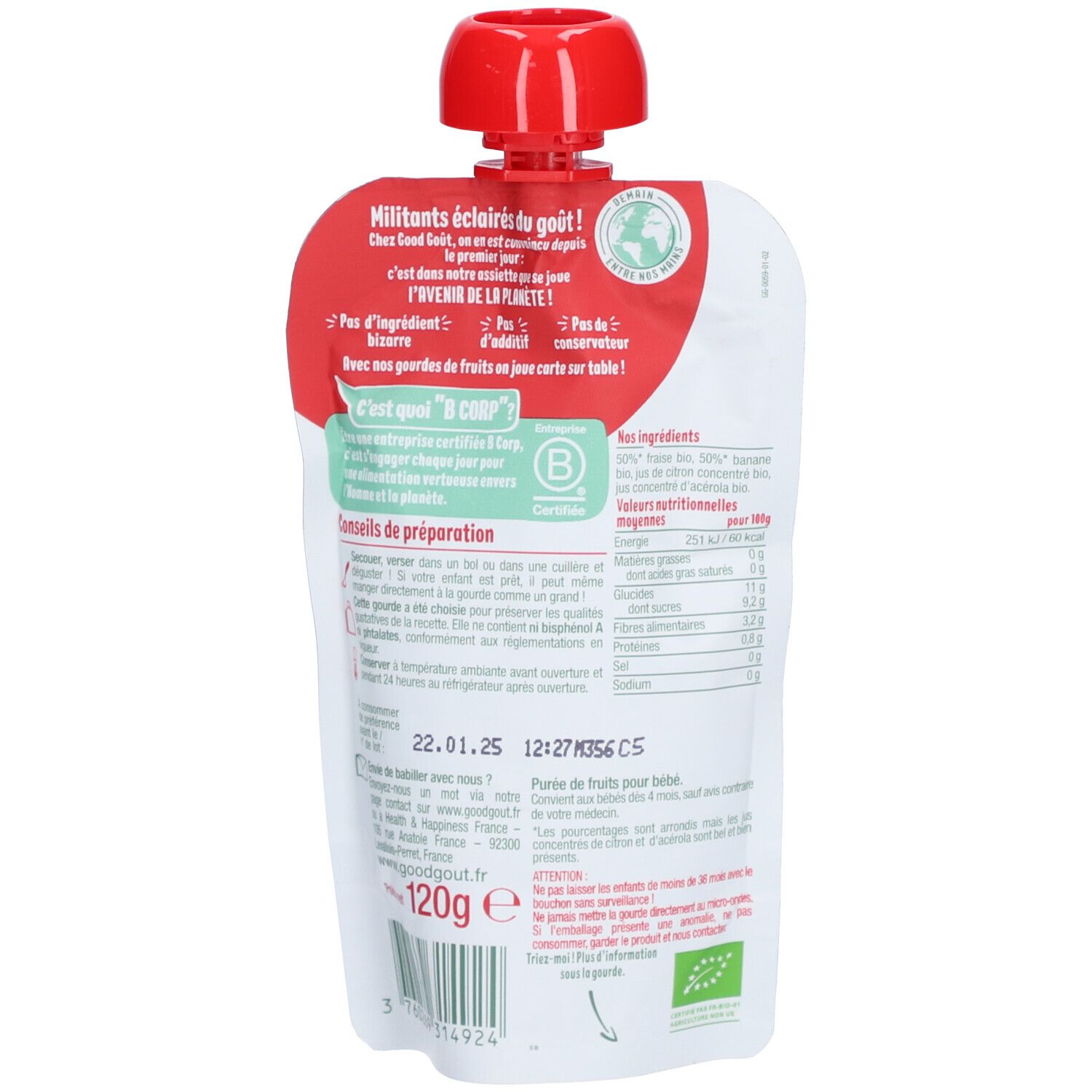 Dos du sachet. Ingrédients, valeurs nutritionnelles, conseils de préparation. Certification bio.