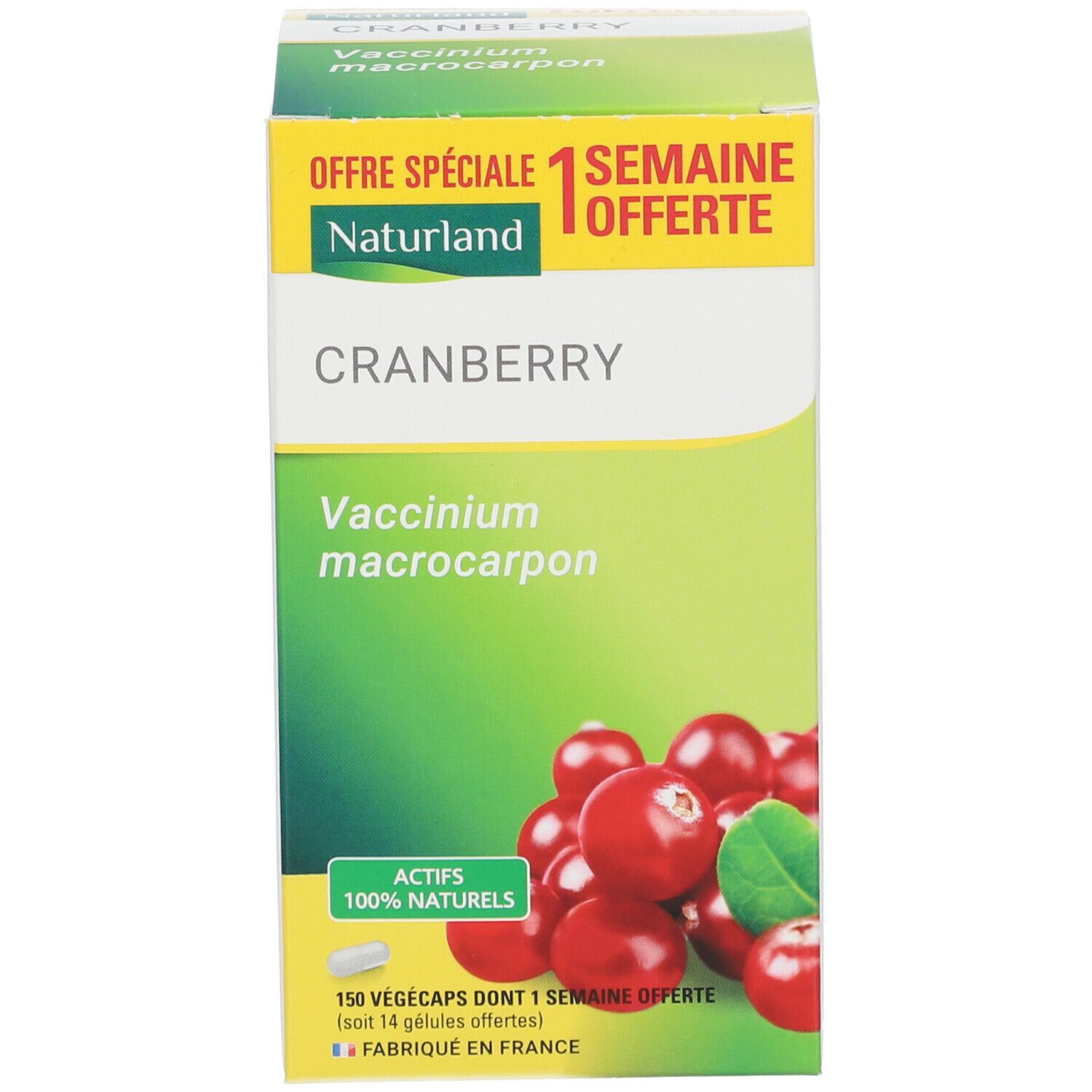 Boîte avec informations produit et illustration de canneberges. Texte : 1 semaine offerte.