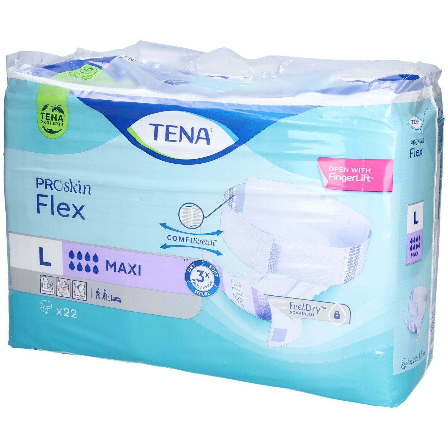 Paquet de TENA ProSkin Flex Maxi L. Taille L, 22 pièces. Avec ComfiStretch et FeelDry.