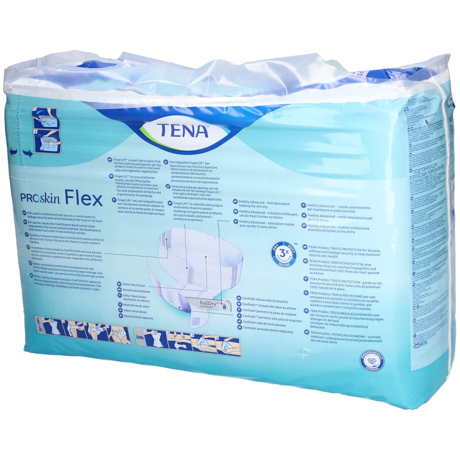 Dos du paquet de TENA ProSkin Flex Maxi L. Taille L, 22 pièces. Avec illustration du produit.