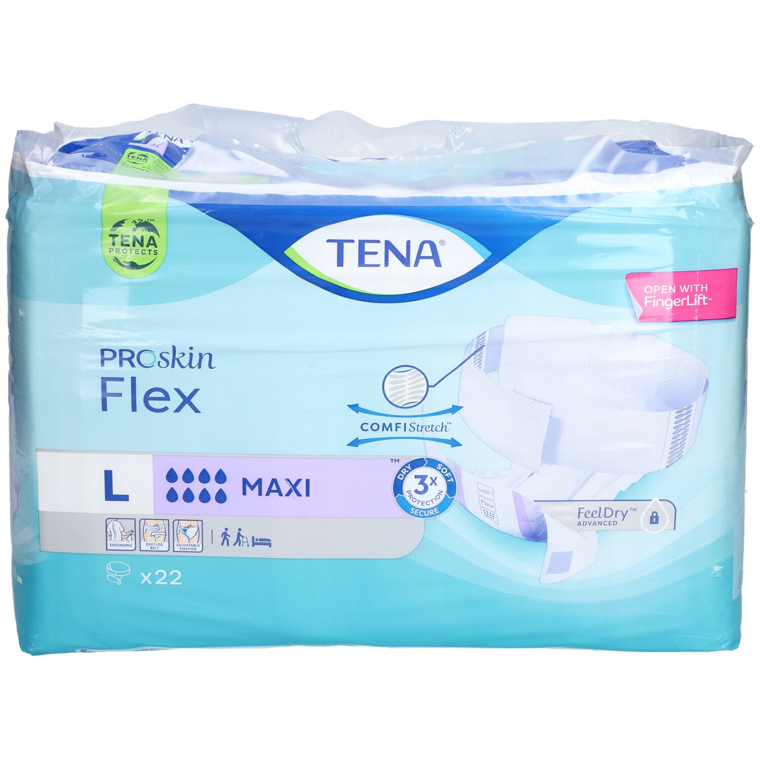 Paquet de TENA ProSkin Flex Maxi L. Taille L, 22 pièces. Avec ComfiStretch et FeelDry.