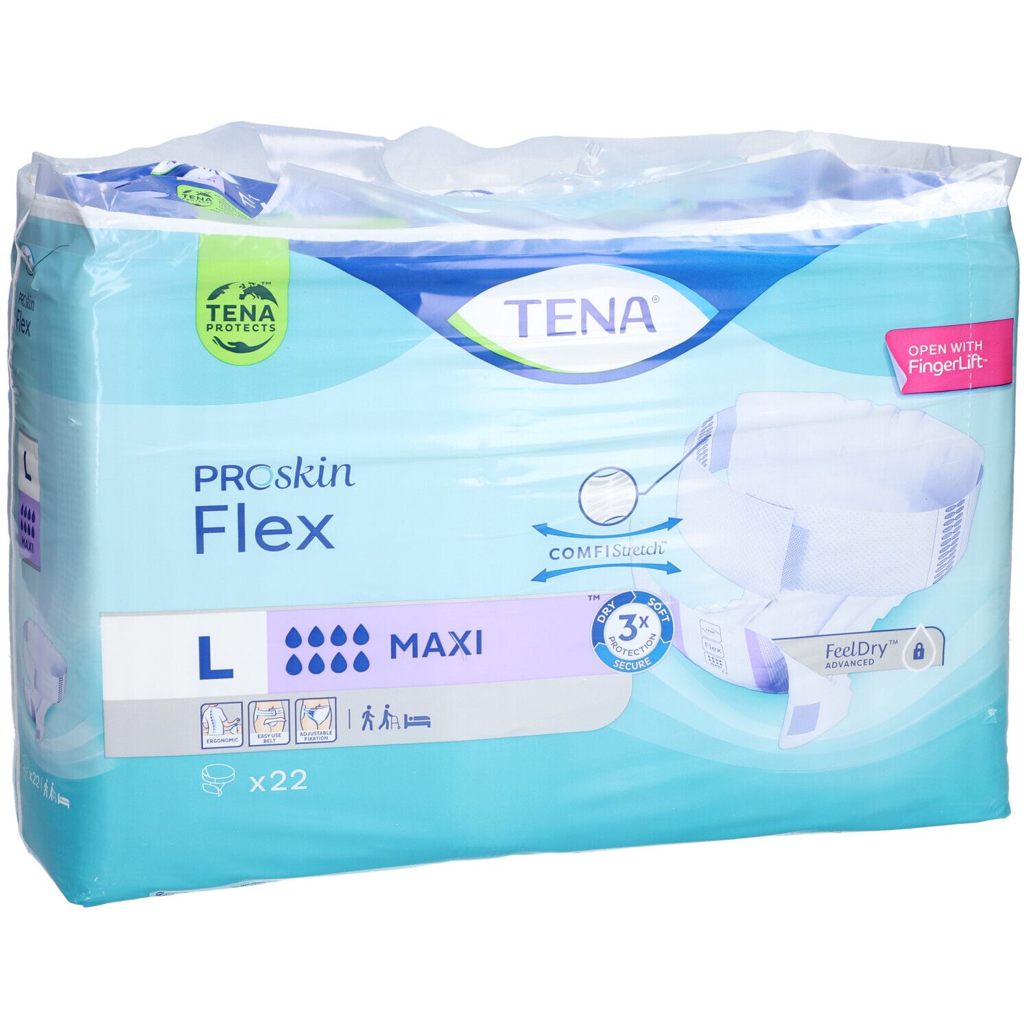 Paquet de TENA ProSkin Flex Maxi L. Taille L, 22 pièces. Avec ComfiStretch et FeelDry.
