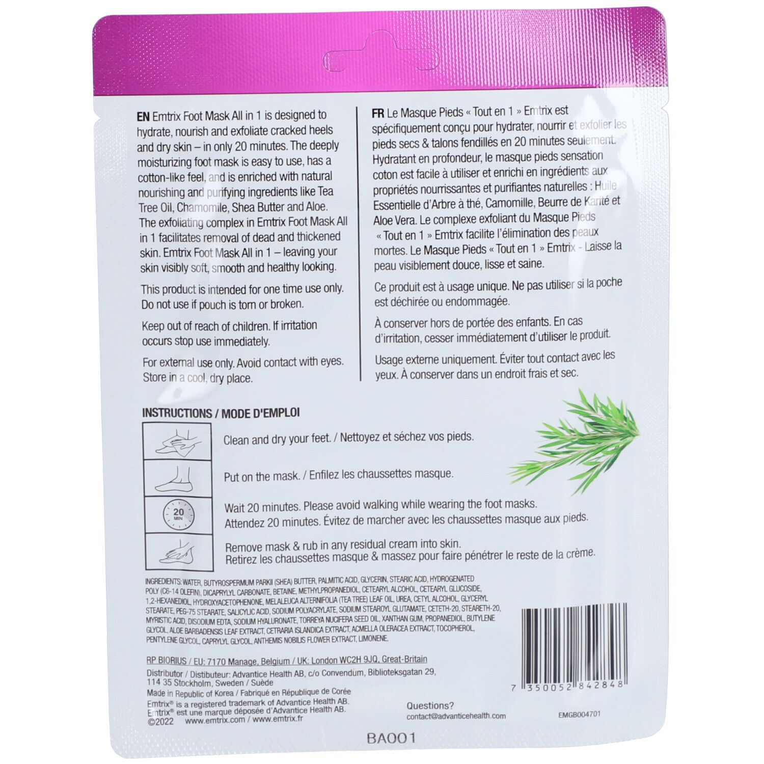 Achterkant van de voetmaskerverpakking met productinformatie, gebruiksaanwijzing en ingrediënten.