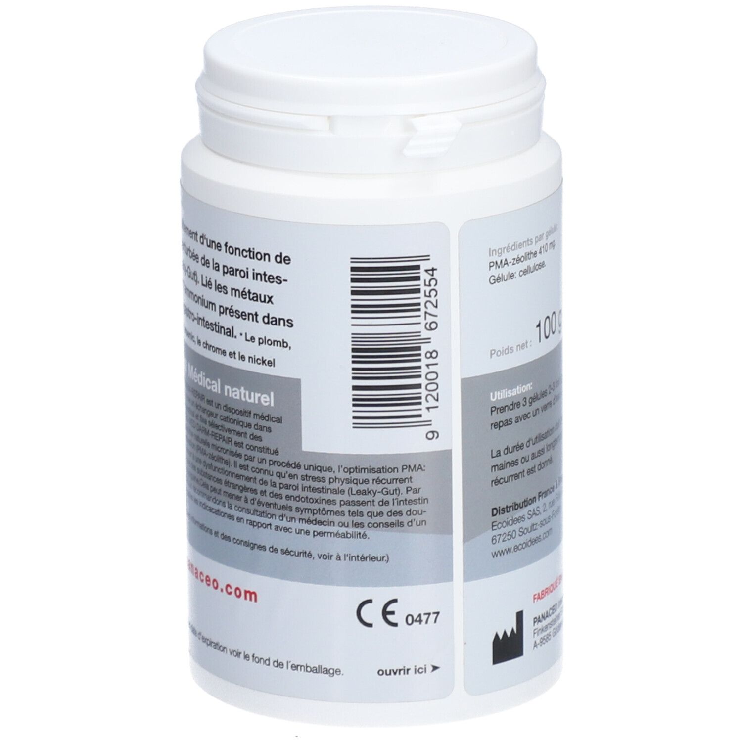 Dos d'un flacon blanc avec code-barres, informations sur les ingrédients et fabricant. Marquage CE.