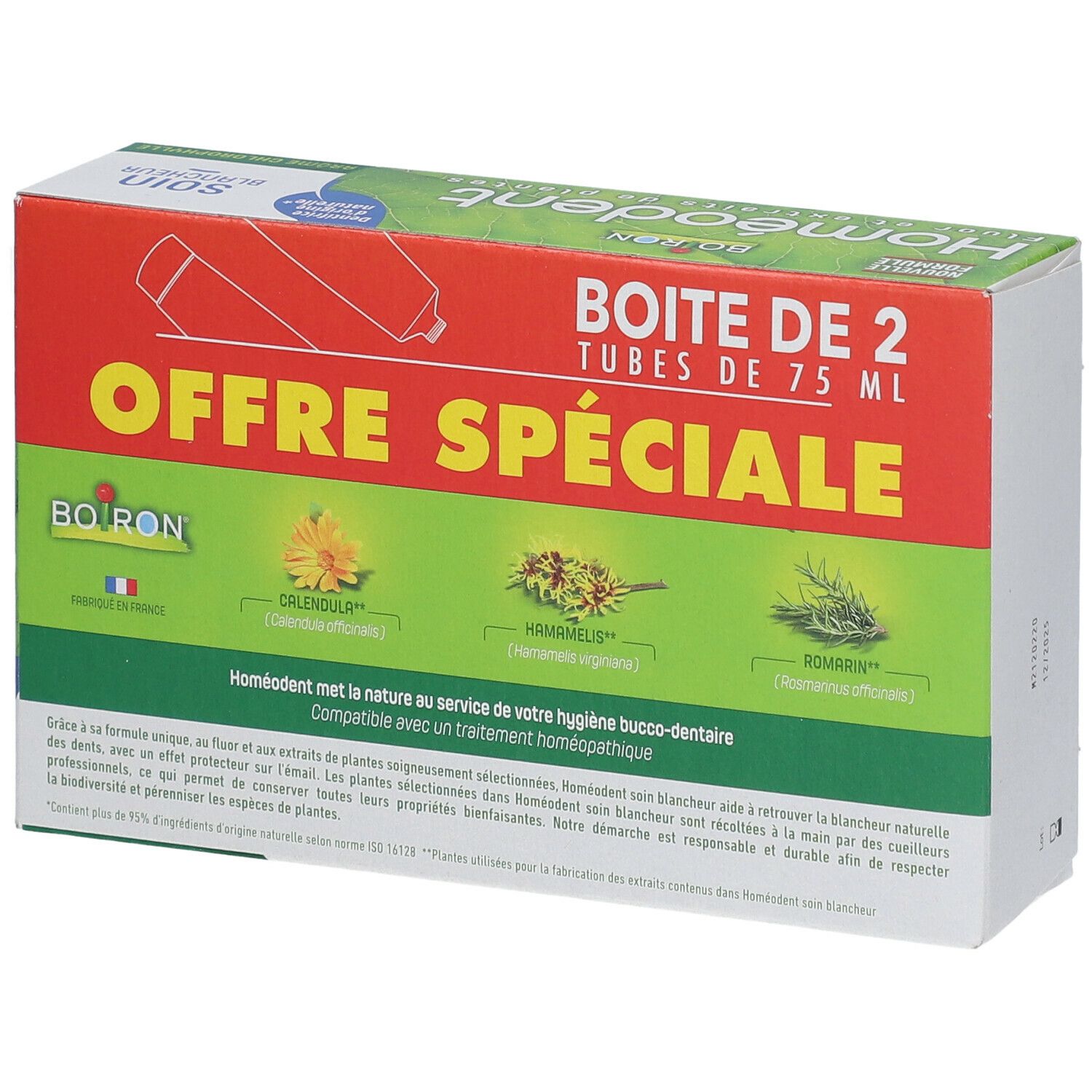 Boîte de soin dentaire. Emballage vert, blanc et rouge avec nom et texte du produit. Illustrations d'herbes au dos.