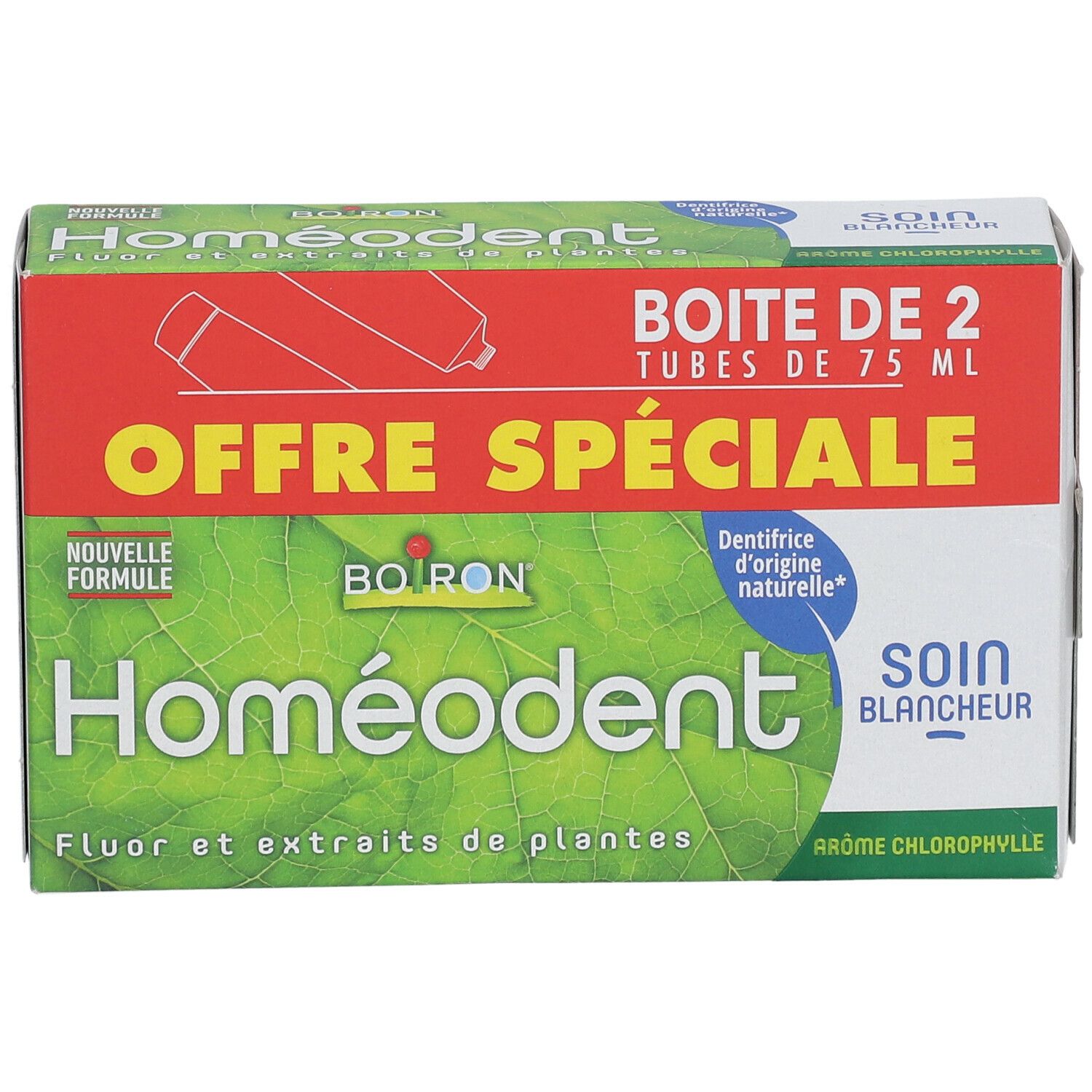 Boîte de soin dentaire. Emballage vert, blanc et rouge avec nom et texte du produit. Contient deux tubes.