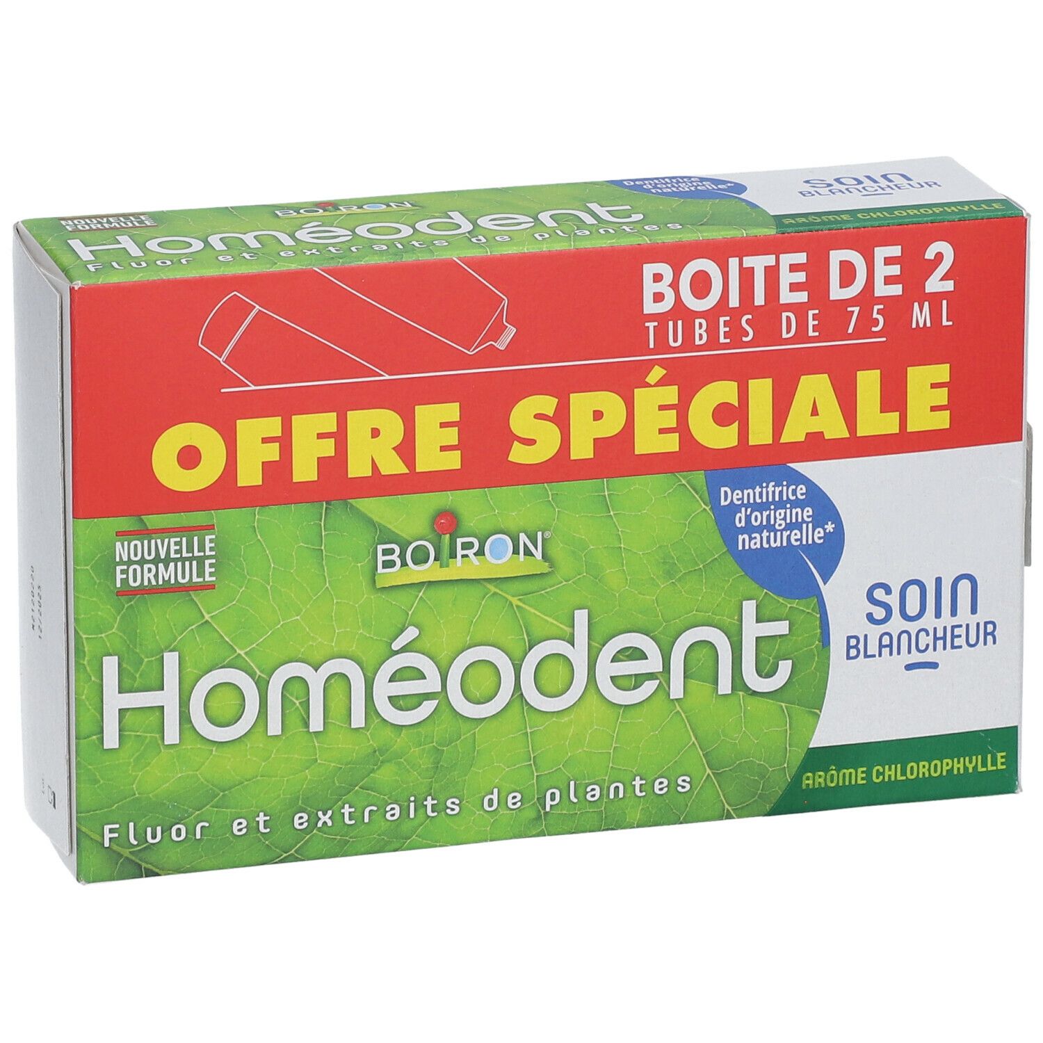 Boîte de soin dentaire. Emballage vert, blanc et rouge avec nom et texte du produit. Contient deux tubes.