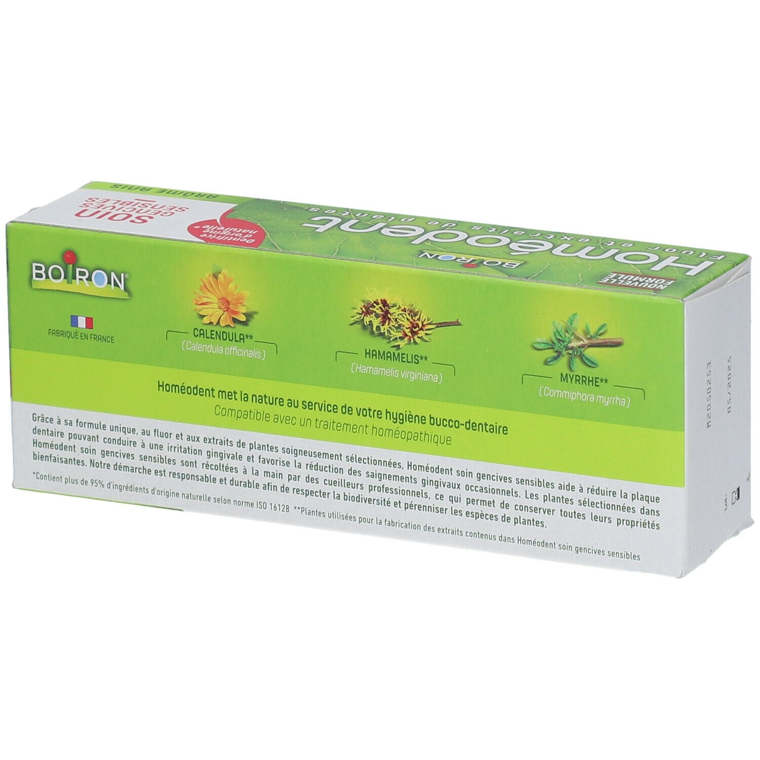 Rückseite der Homéodent-Verpackung, Text: Calendula, Hamamelis, Myrrhe, kompatibel mit homöopathischer Behandlung.
