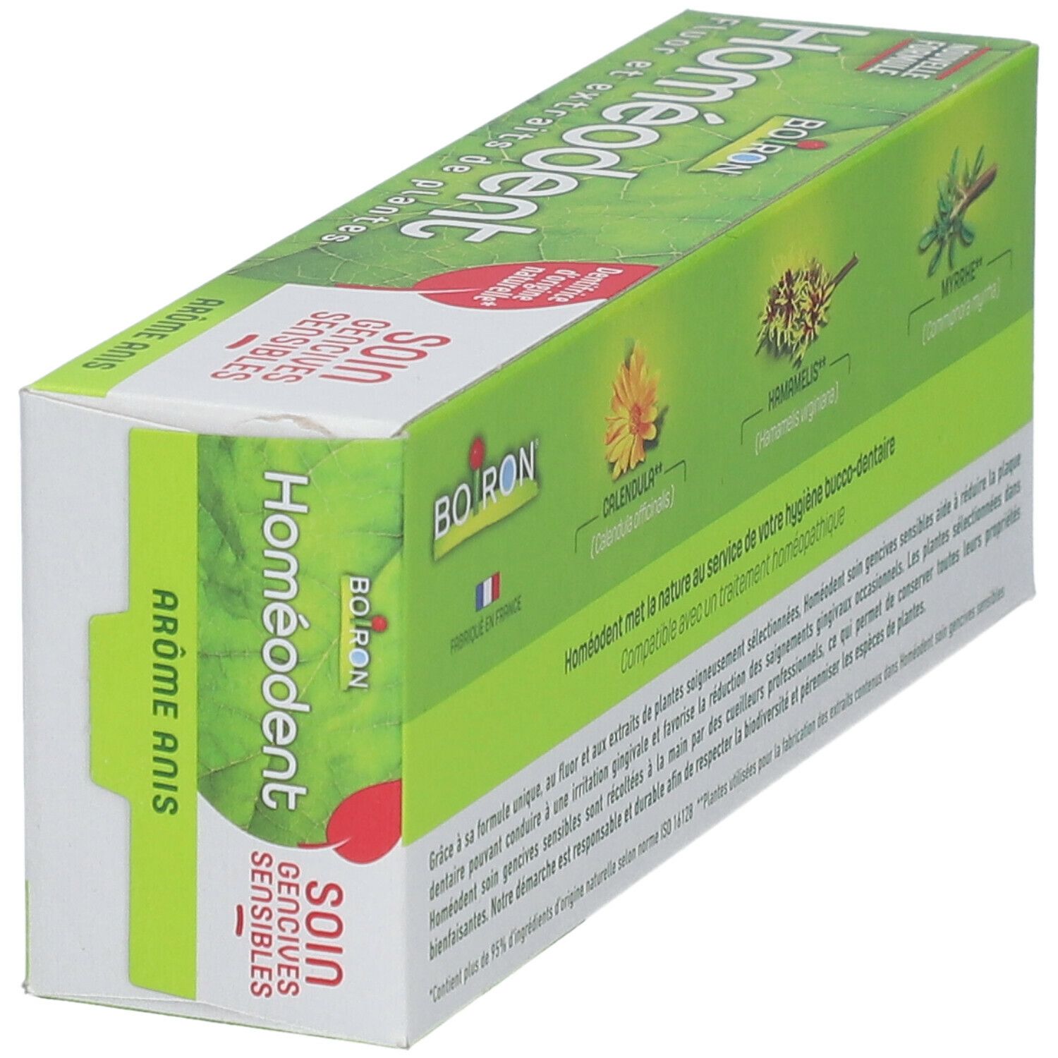 Homéodent-Verpackung, Text: Calendula, Hamamelis, Myrrhe, kompatibel mit homöopathischer Behandlung, Winkelansicht.