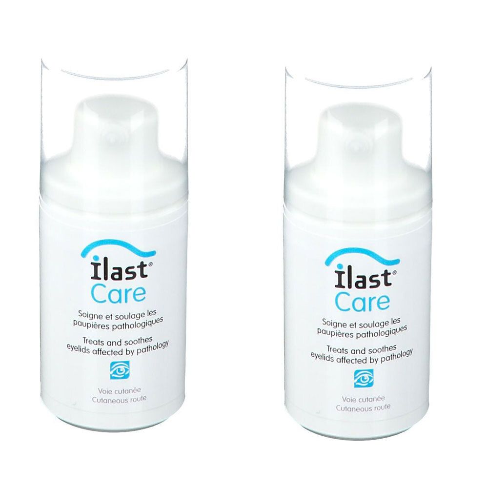 Twee witte flacons met blauw etiket. Op het etiket staat "Ilast Care" en andere informatie in het Frans en Engels.
