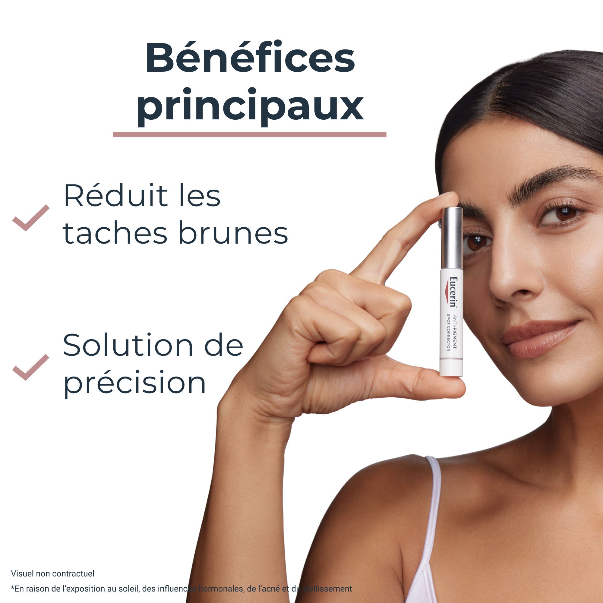 Frau hält einen Stift. Text: Reduziert die braunen Flecken, Präzisionslösung. Produkt: Eucerin Anti-Pigment Spot Corrector.