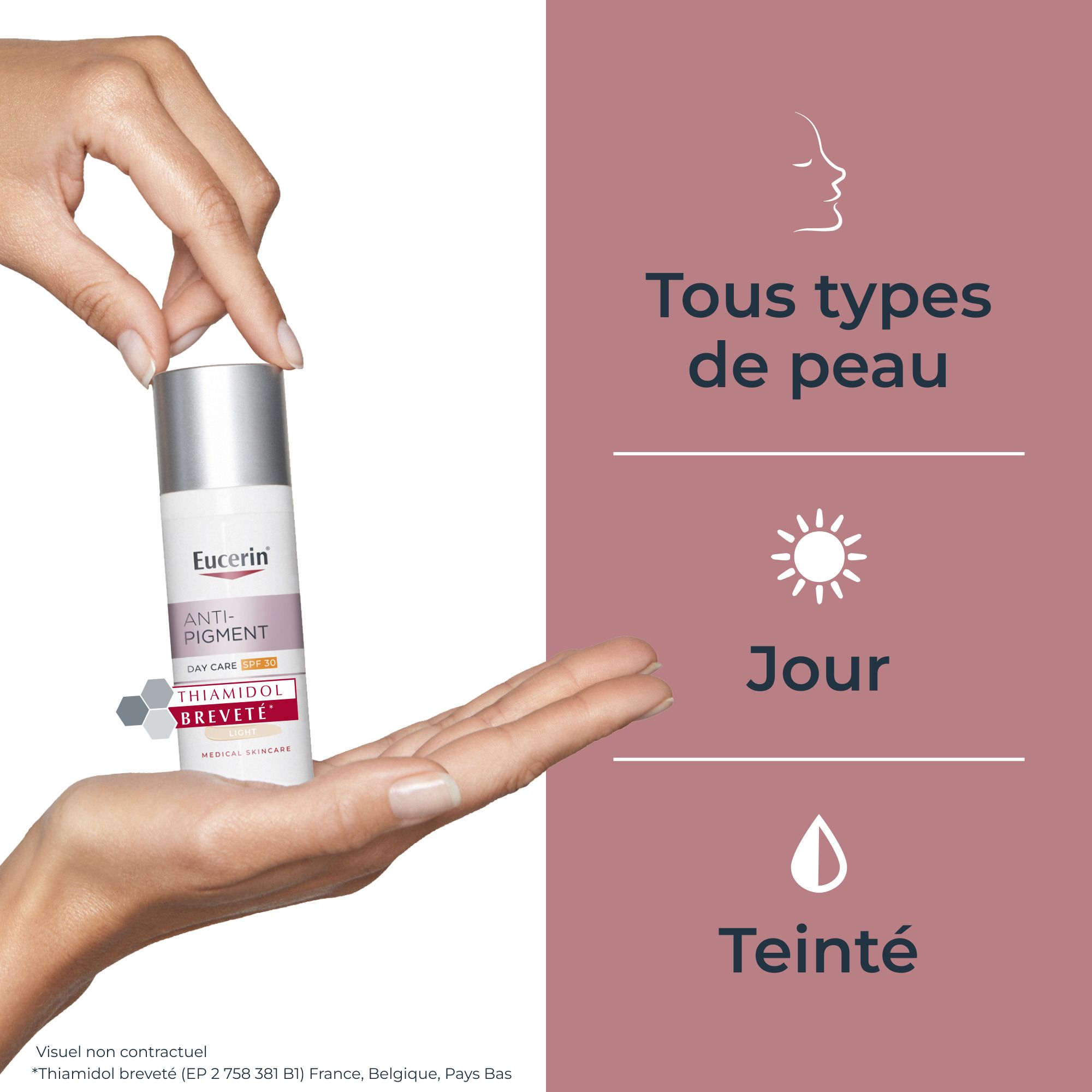 Main tenant Eucerin Anti-Pigment Soin de Jour Teinté Light SPF 30. Texte: Tous types de peau, Jour, Teinté.