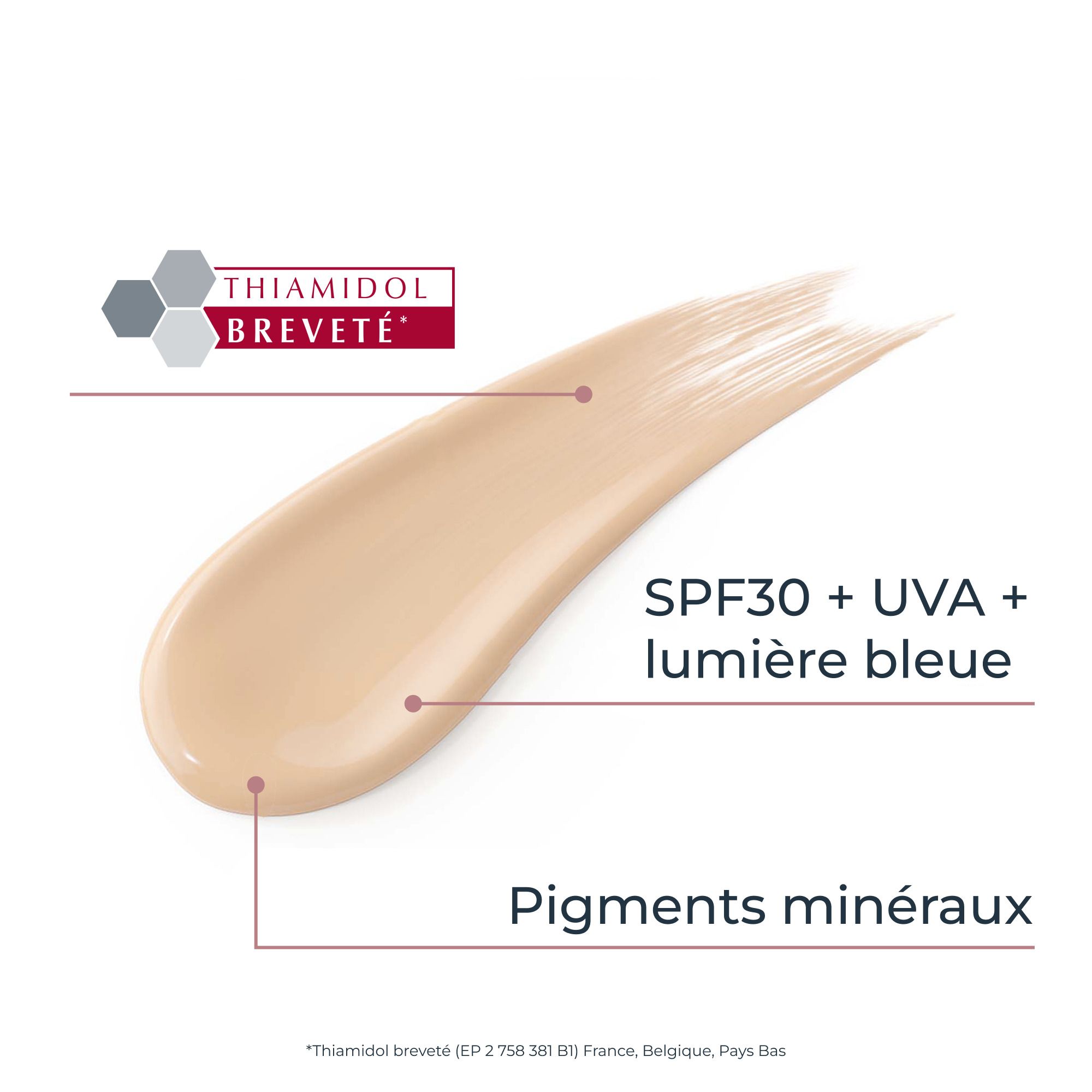 Échantillon de produit avec texte: SPF30 + UVA + lumière bleue, pigments minéraux.