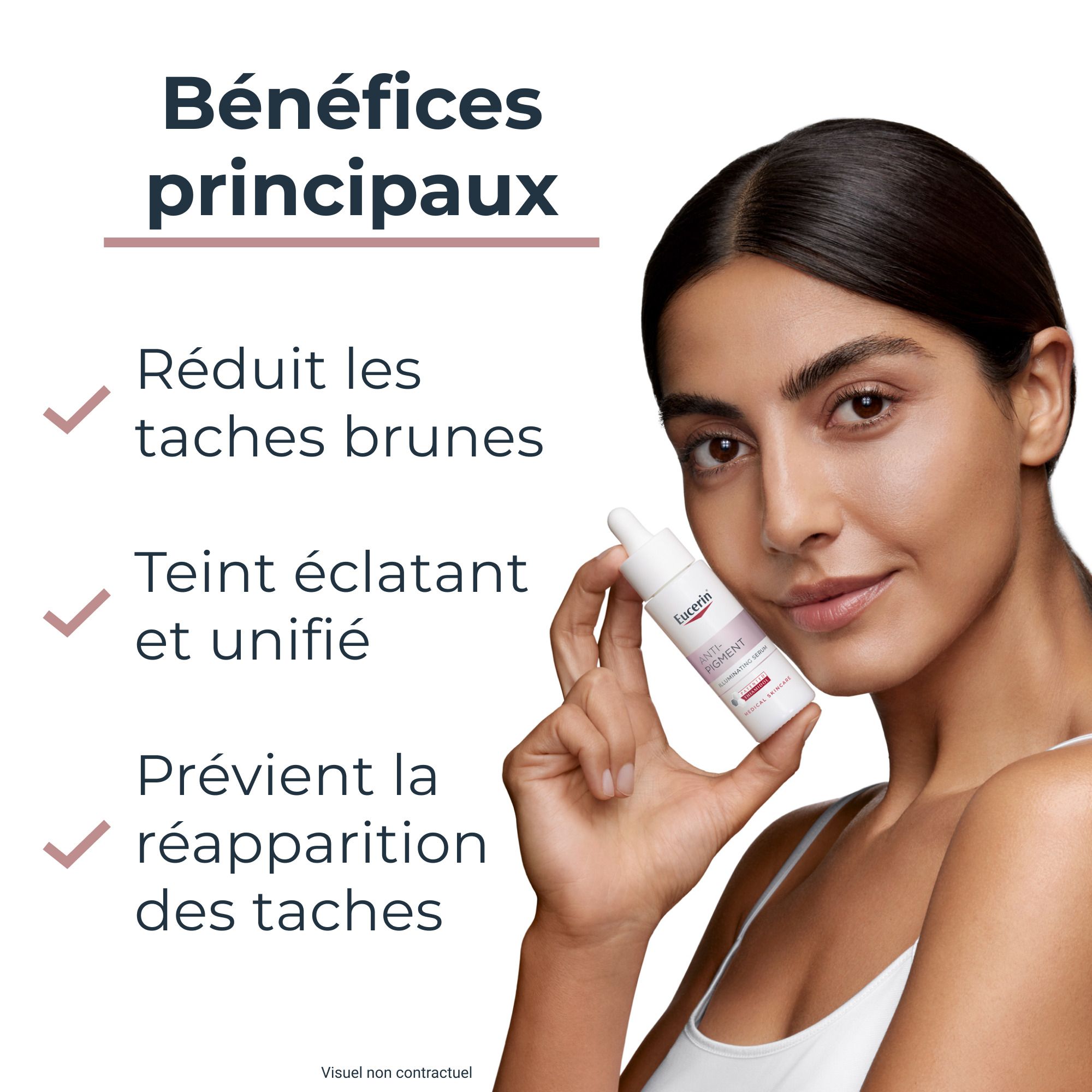 Femme tenant un flacon de sérum Eucerin Anti-Pigment. Texte: Réduit les taches brunes, teint unifié, prévient la réapparition.