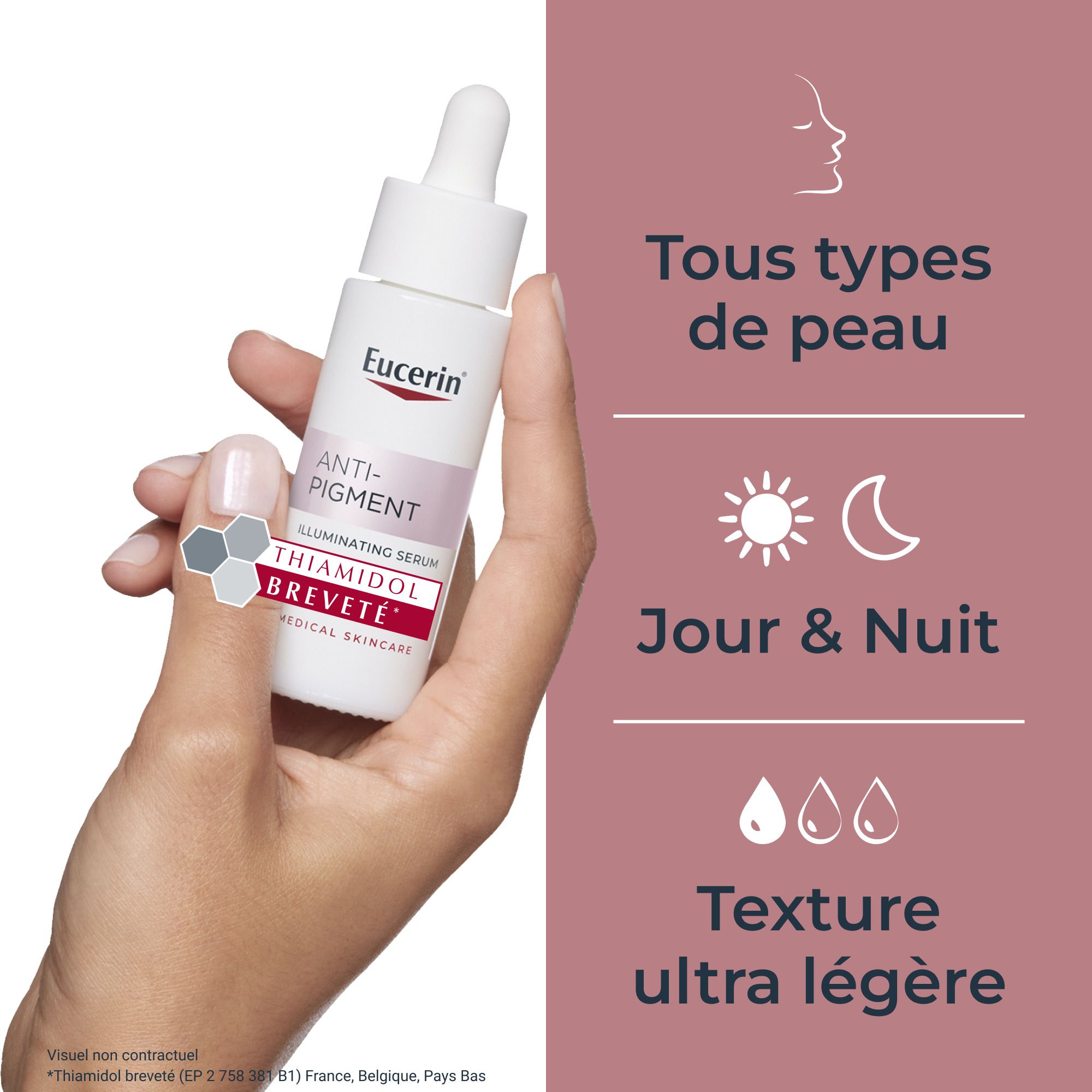 Main tenant sérum Eucerin Anti-Pigment. Texte: Tous types de peau, Jour & Nuit, texture ultra légère. Thiamidol breveté.