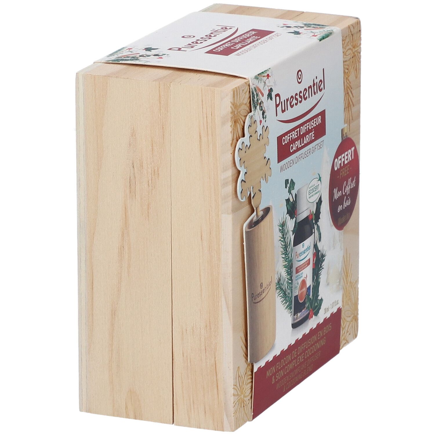 Vue latérale du coffret en bois. Logo "Puressentiel" et informations produit sur l'emballage.