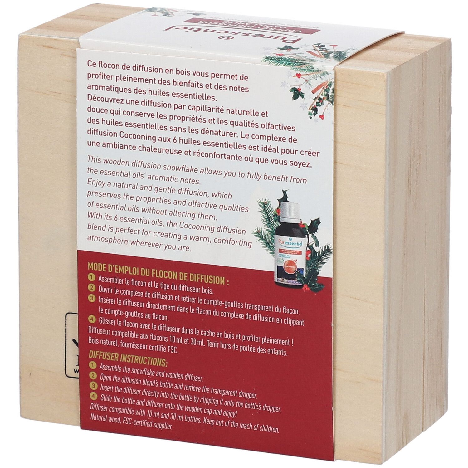 Dos du coffret en bois avec texte. Informations sur le diffuseur et son utilisation.