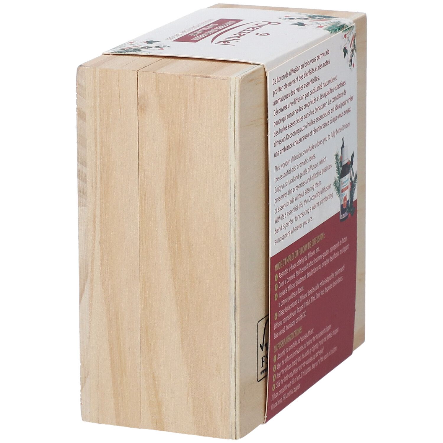 Vue latérale du coffret en bois avec texte. Informations produit et certification FSC.