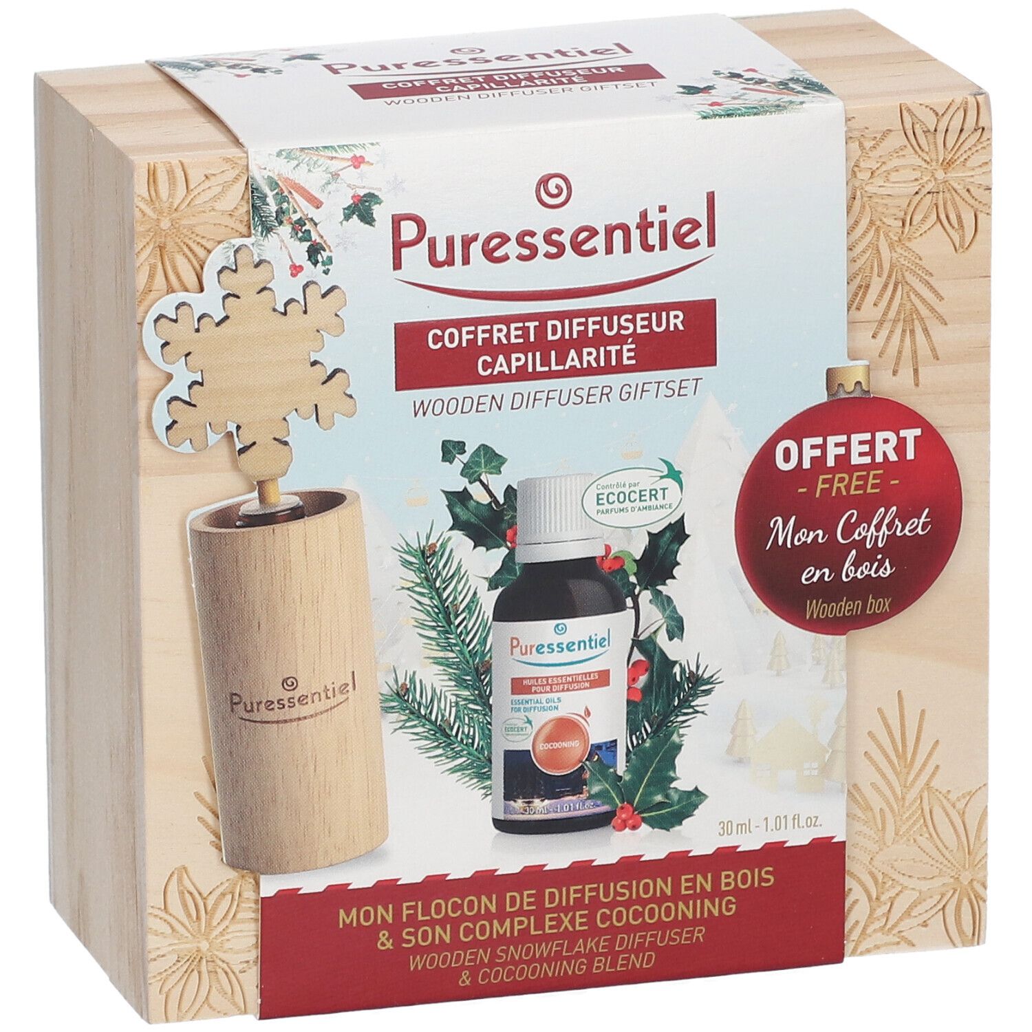 Coffret en bois avec diffuseur, flacon et décoration flocon. Logos "Puressentiel" et noms de produits.