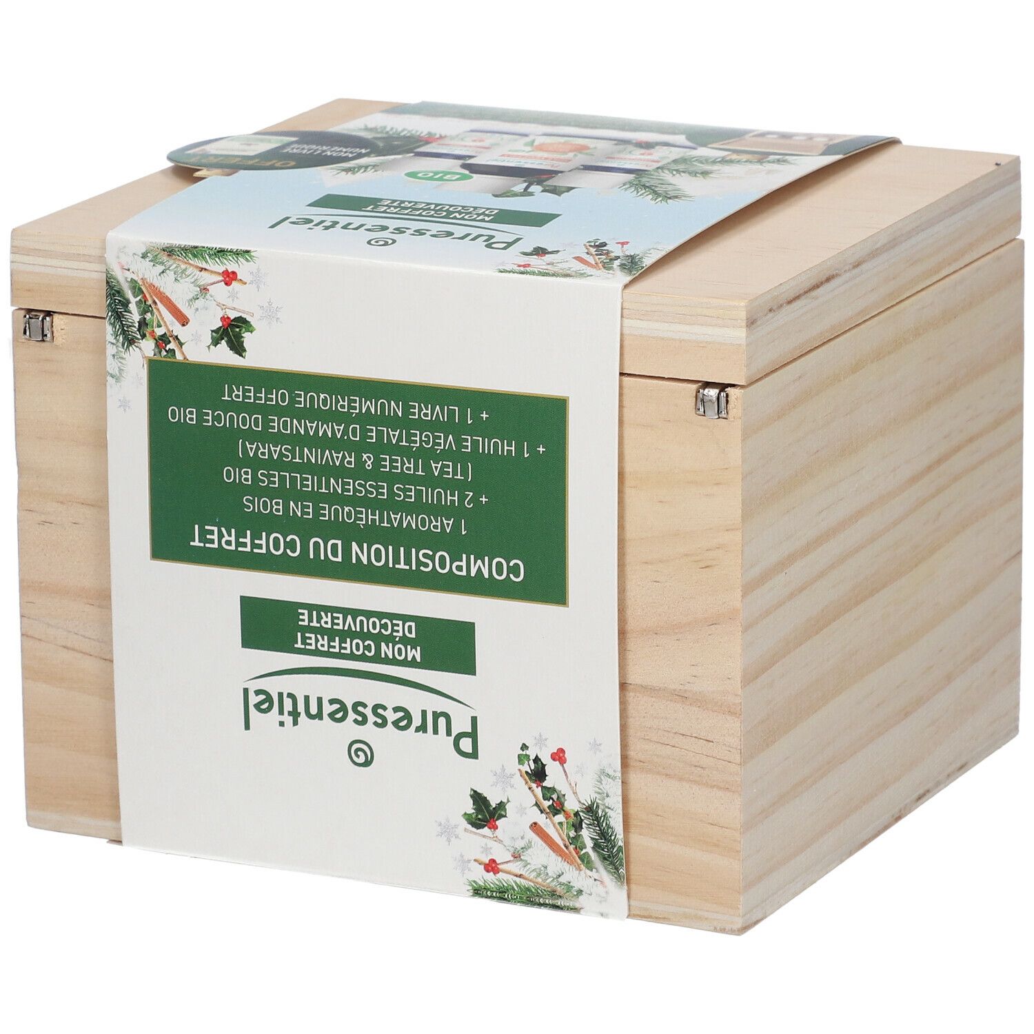 Coffret en bois avec informations produit. Inscription : "Composition du coffret Mon Coffret Découverte".