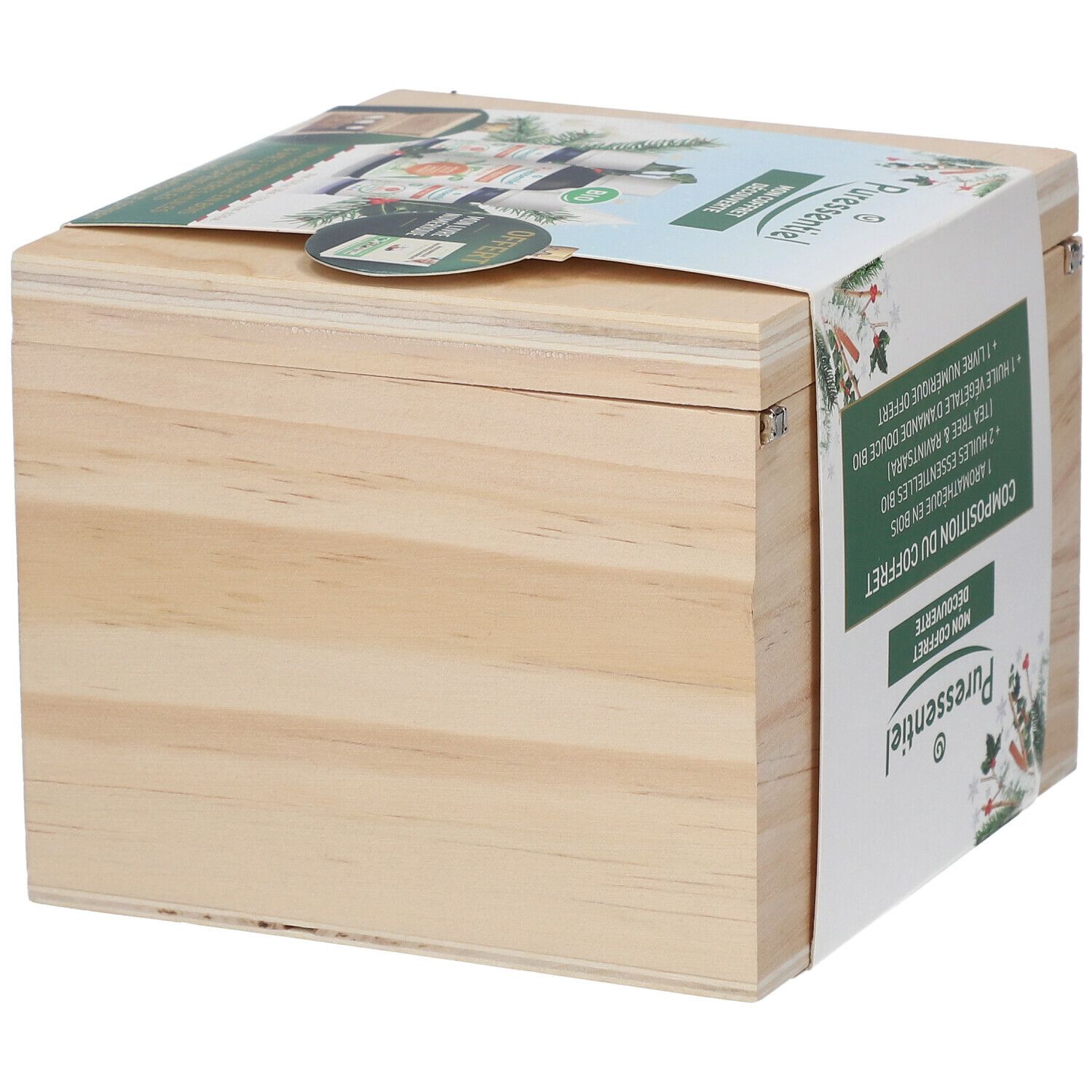 Coffret en bois avec informations produit. Inscription : "Composition du coffret Mon Coffret Découverte".