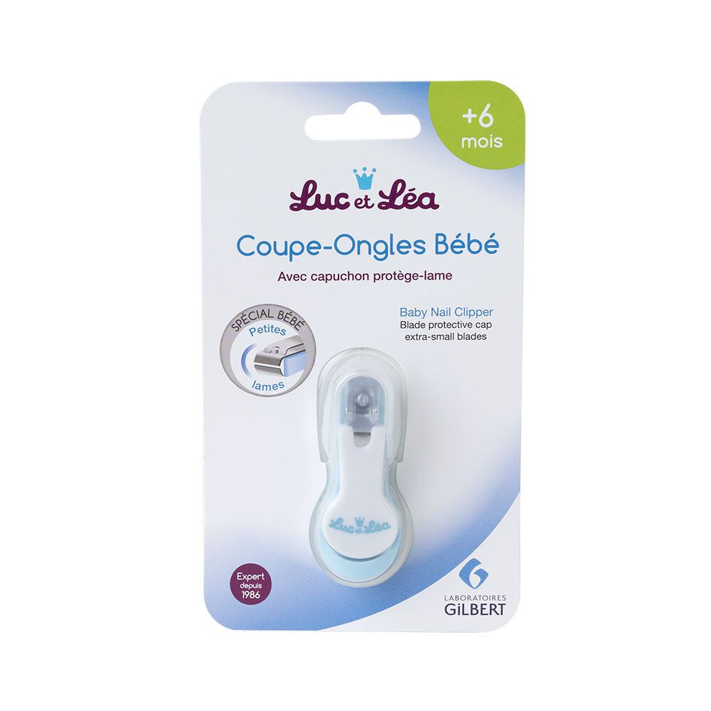 Verpackung mit Baby-Nagelknipser. Marke: Luc et Léa. Text: Coupe-Ongles Bébé, +6 mois. Mit Schutzhülle.