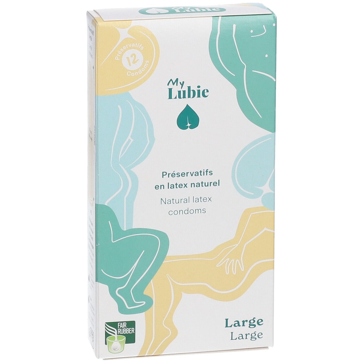Vue de face de la boîte de préservatifs My Lubie. Emballage blanc avec illustrations et informations produit. Inscription : Large.