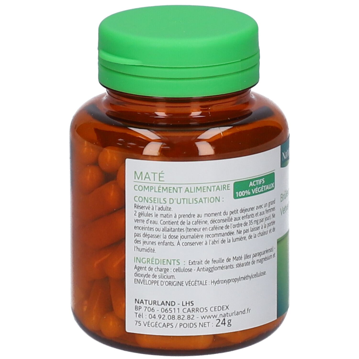 Flacon marron, bouchon vert. Inscription: Maté, complément alimentaire. 75 Vegécaps. 24g.