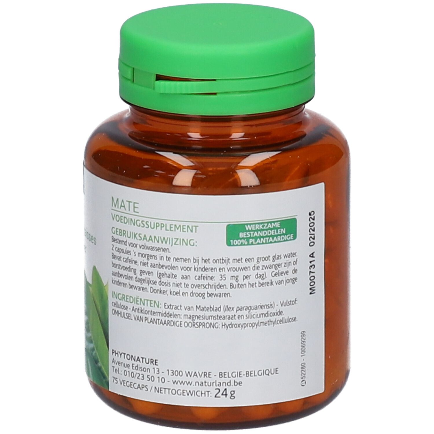 Flacon marron, bouchon vert. Inscription: Maté, Voedingssupplement. 75 Vegécaps. 24g. 100% végétal.