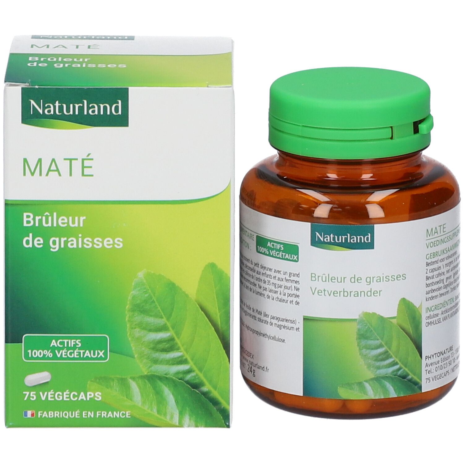 Emballage et flacon. Inscription: Naturland, Maté, Brûleur de graisses. 75 Vegécaps. 100% végétaux.