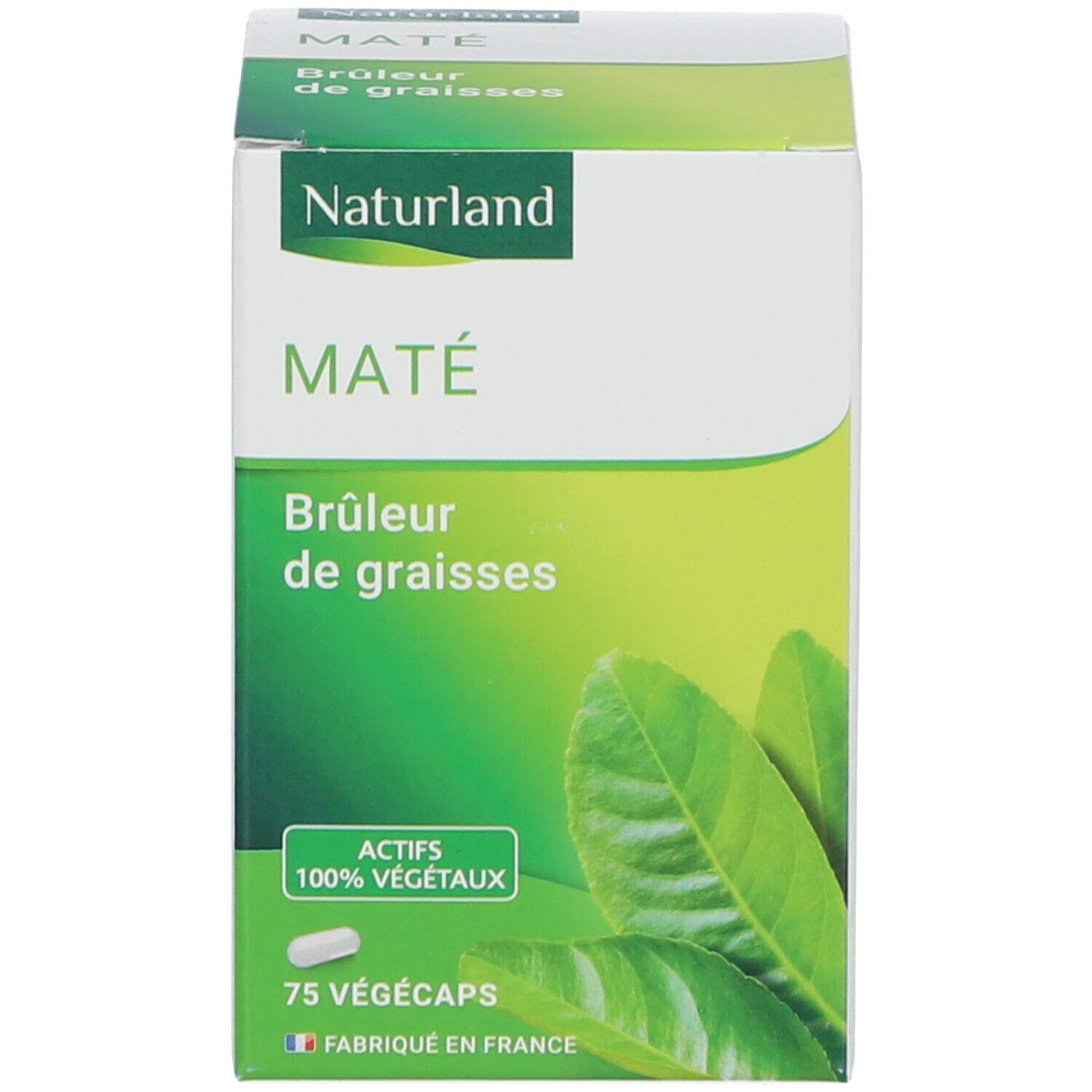 Emballage. Inscription: Maté, Brûleur de graisses. 75 Vegécaps. 100% végétaux. Fabriqué en France.